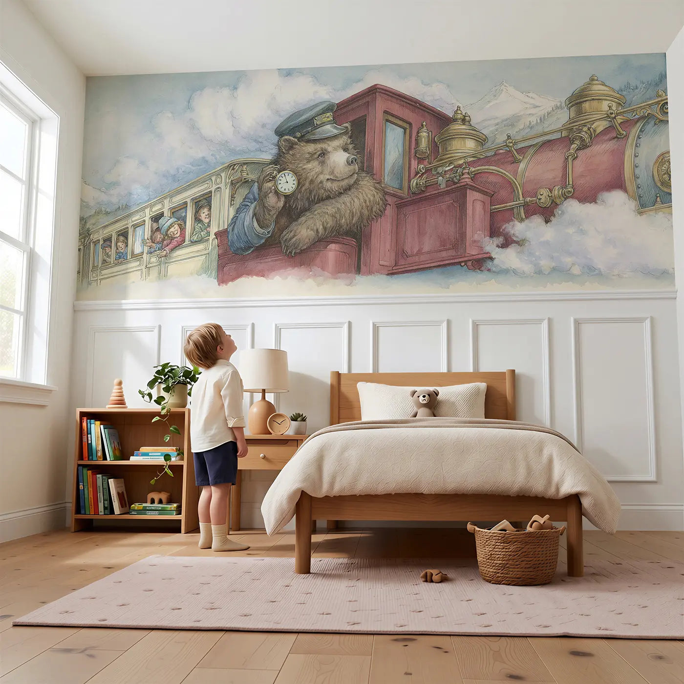 Child reading near Bear Train Conductor Journey Wainscoting Wallpaper by Whimsy Tots