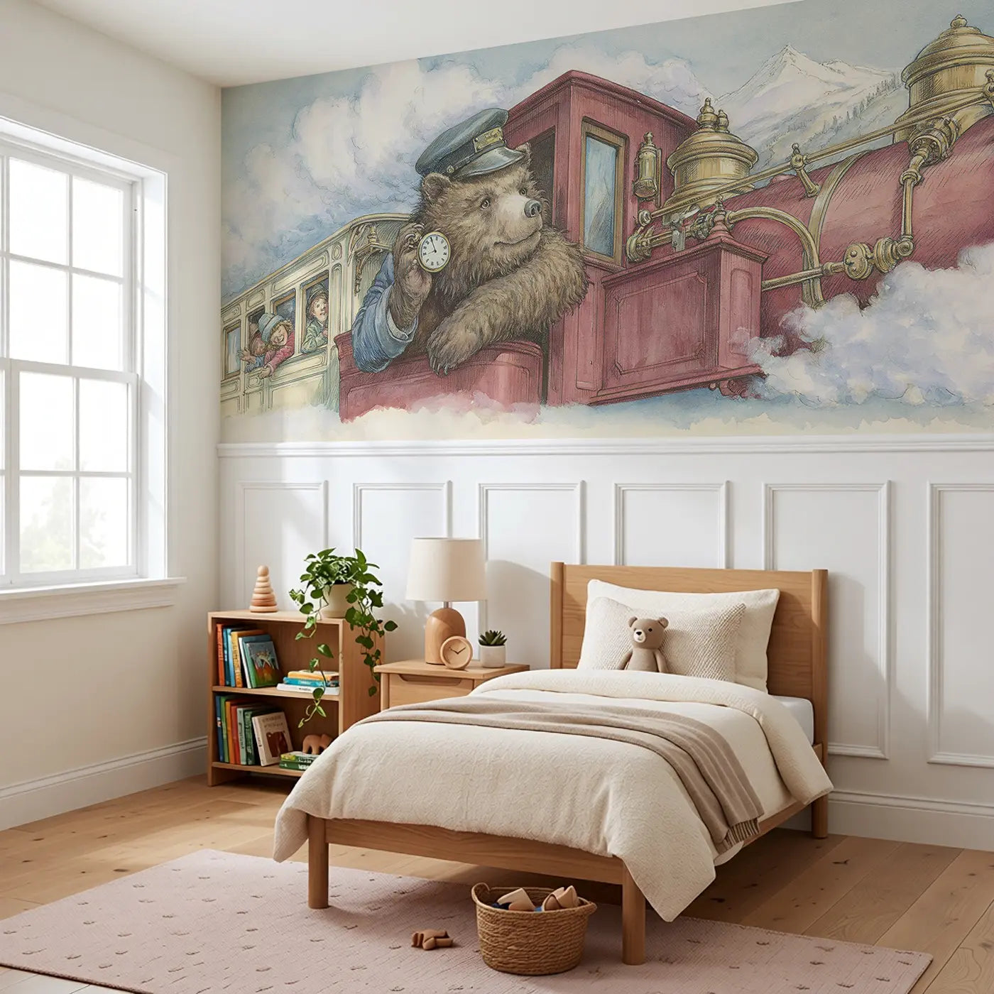Bear Train Conductor Journey Wainscoting Wallpaper styled in a kids bedroom by Whimsy Tots
