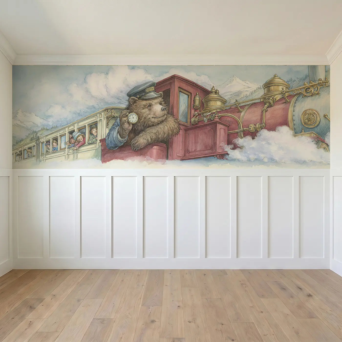 Full panel view of Bear Train Conductor Journey Wainscoting Wallpaper by Whimsy Tots