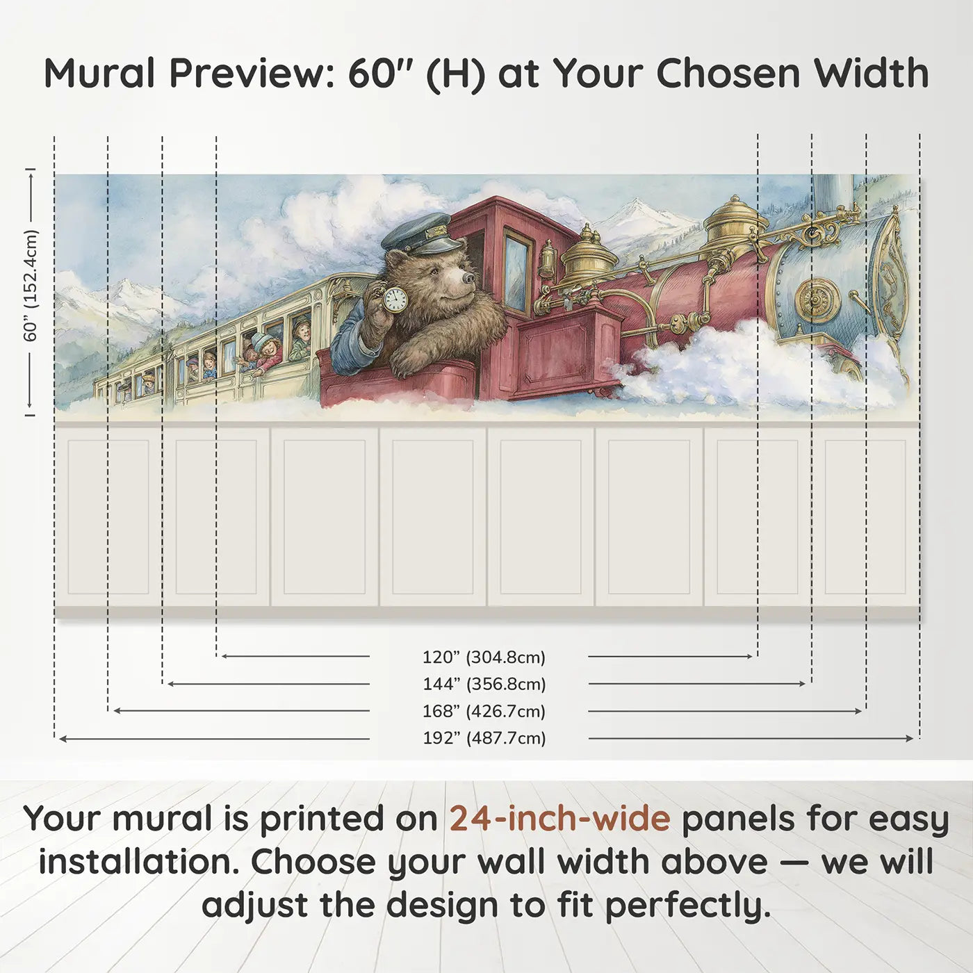 Panel dimensions for Bear Train Conductor Journey Wainscoting Wallpaper by Whimsy Tots