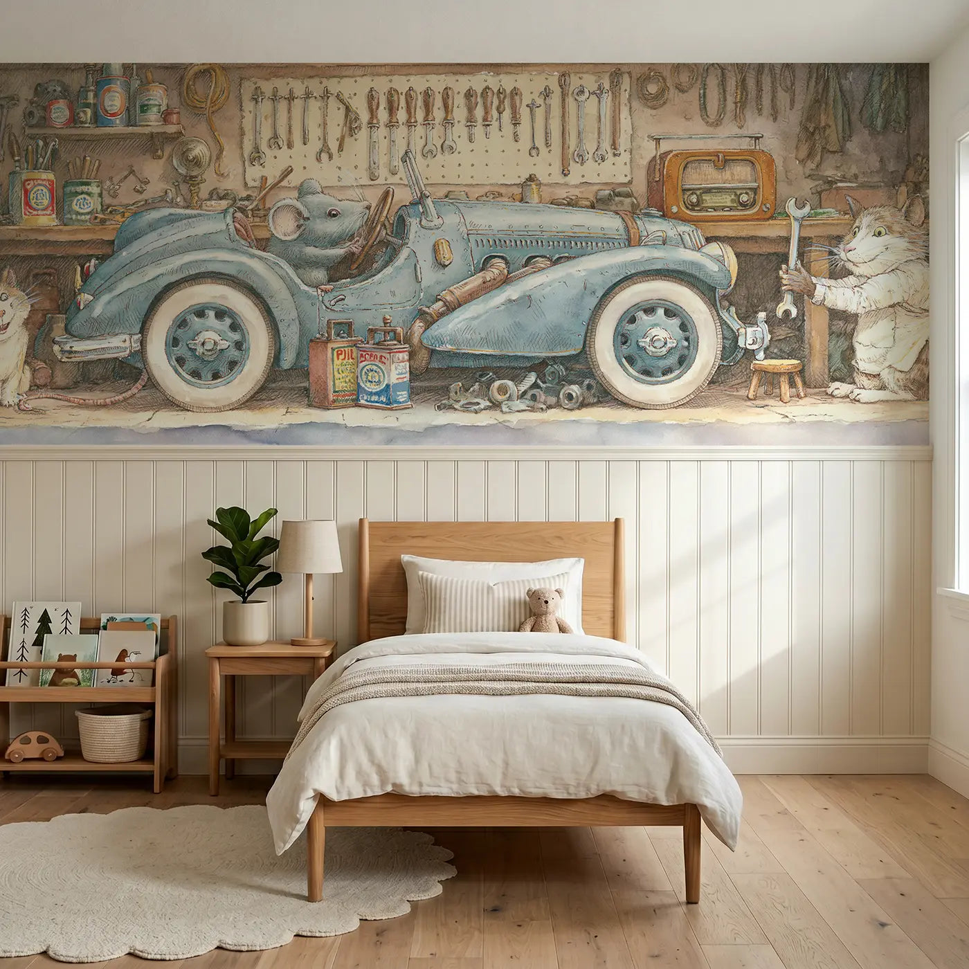 Storybook mouse vintage car workshop wainscoting wallpaper for bedroom by Whimsy Tots