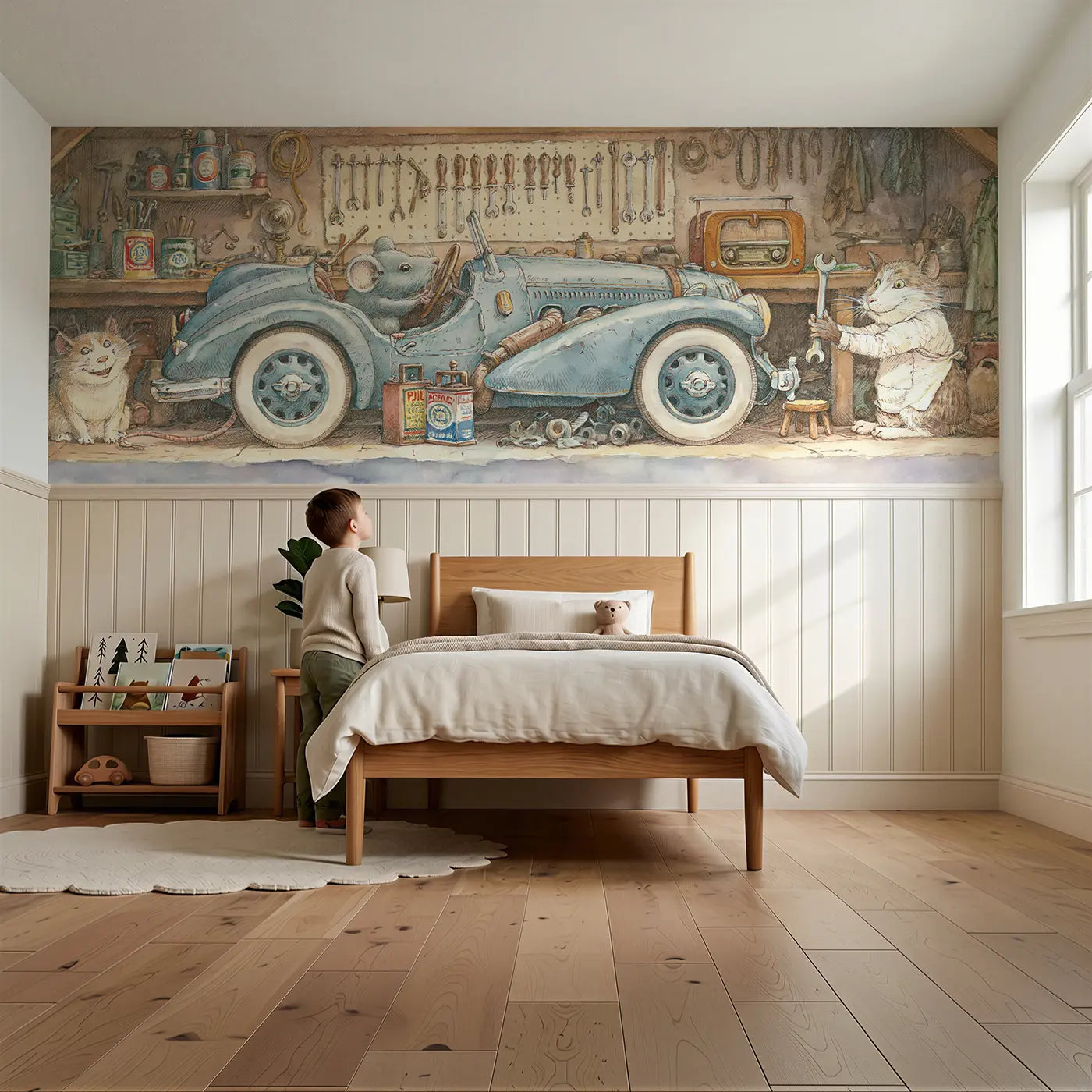 Child reading near Mouse Vintage Car Workshop Wainscoting Wallpaper by Whimsy Tots