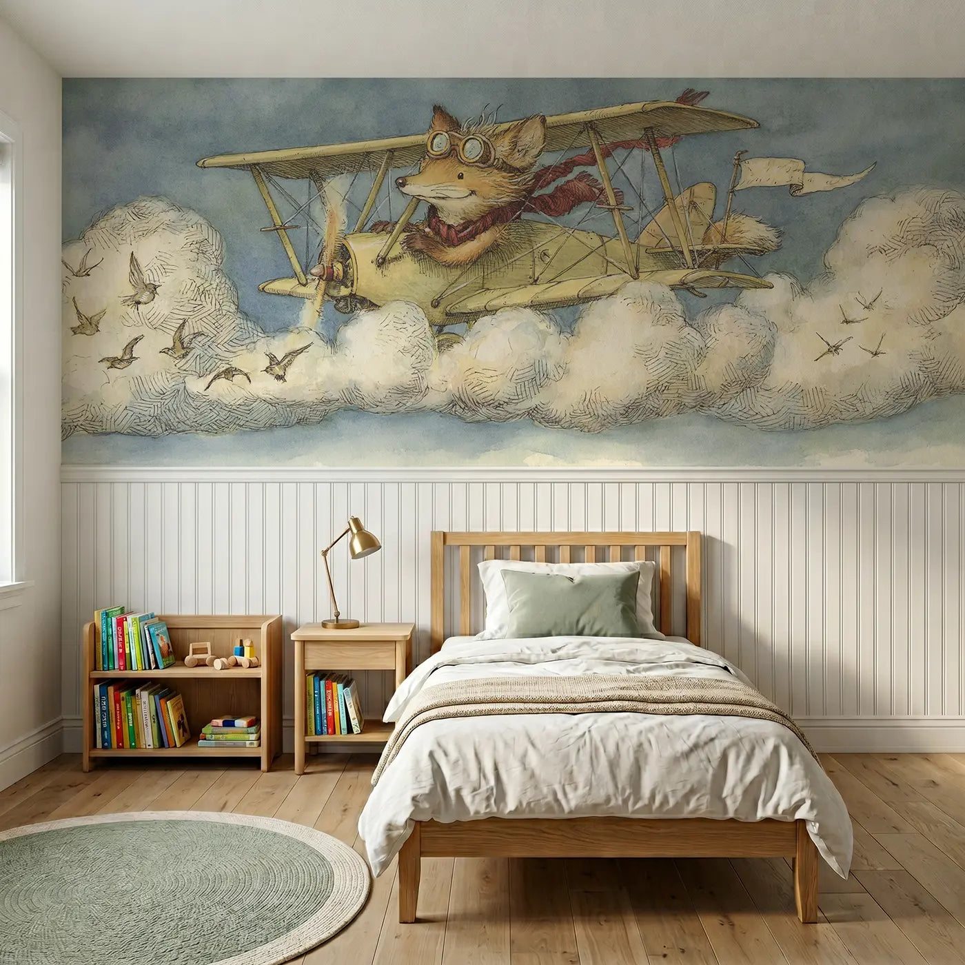 Storybook fox biplane cloud adventure wainscoting wallpaper for bedroom by Whimsy Tots