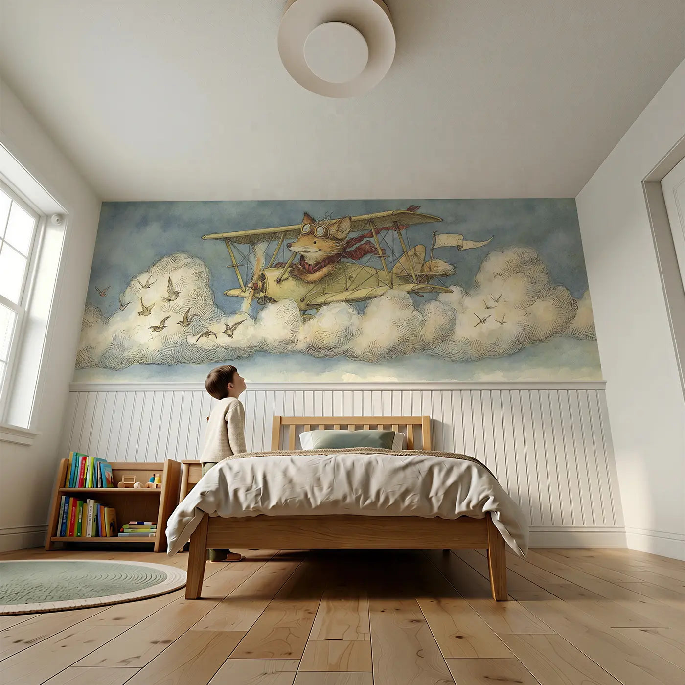 Child reading near Fox Biplane Cloud Adventure Wainscoting Wallpaper by Whimsy Tots