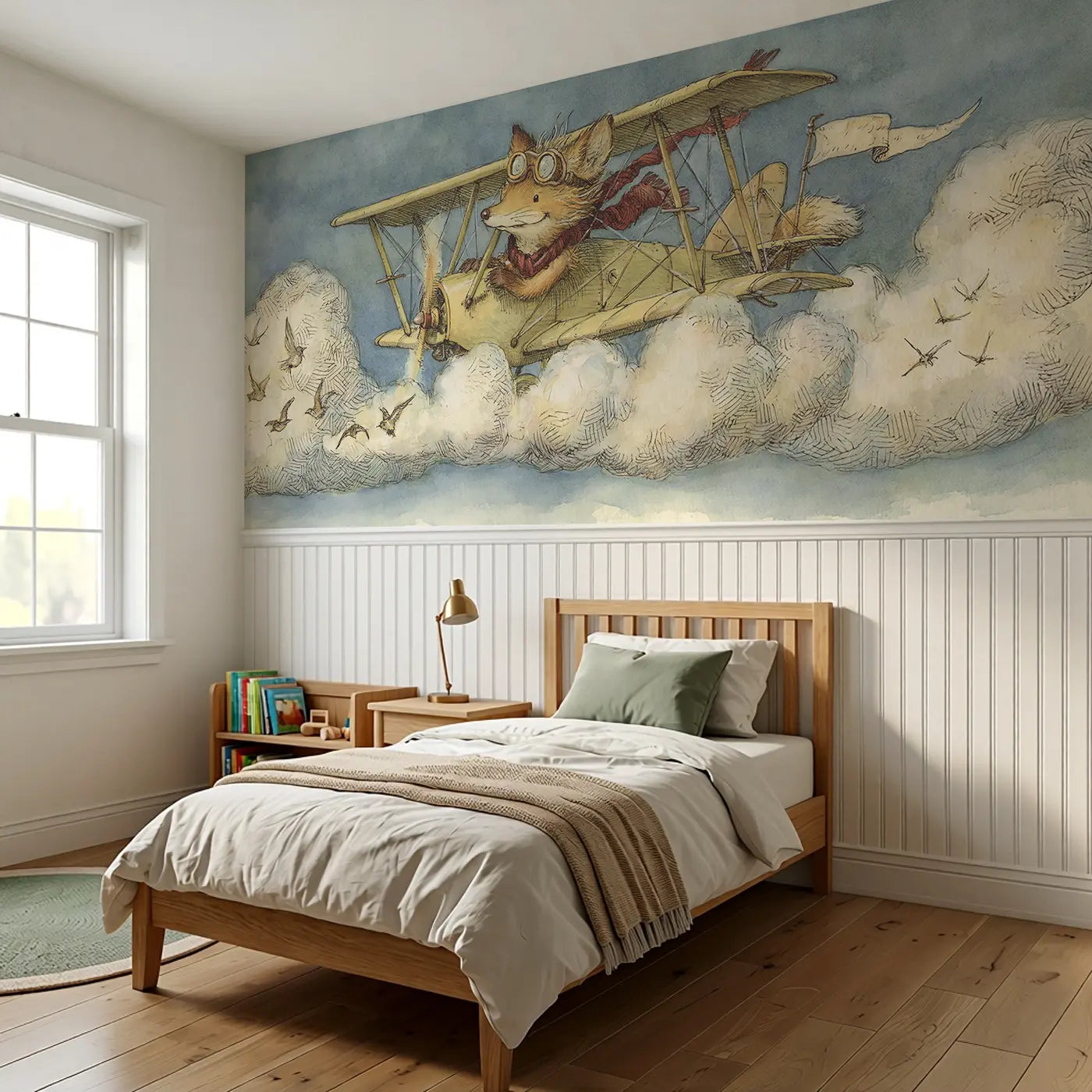 Fox Biplane Cloud Adventure Wainscoting Wallpaper styled in a kids bedroom by Whimsy Tots