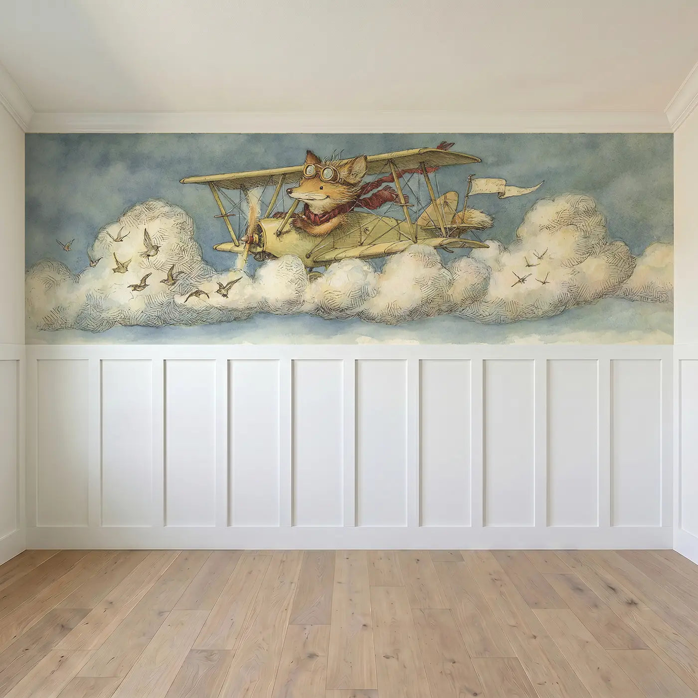 Full panel view of Fox Biplane Cloud Adventure Wainscoting Wallpaper by Whimsy Tots