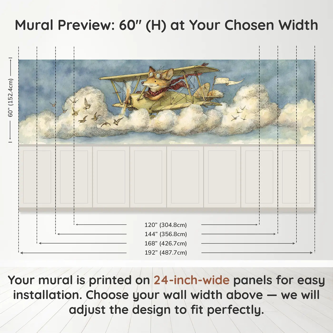 Panel dimensions for Fox Biplane Cloud Adventure Wainscoting Wallpaper by Whimsy Tots