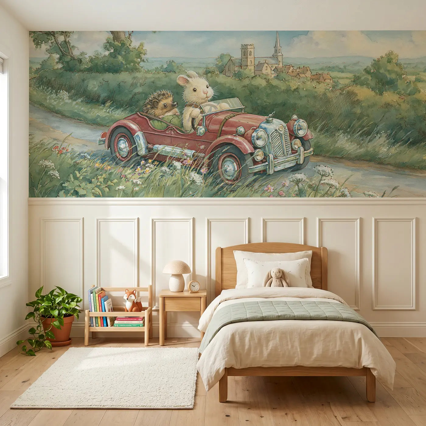 Storybook rabbit hot rod countryside wainscoting wallpaper for nursery by Whimsy Tots
