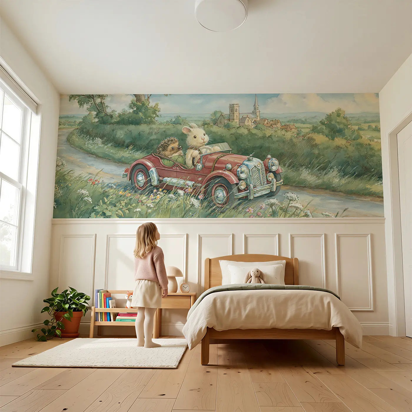 Child reading near Rabbit Hot Rod Countryside Wainscoting Wallpaper by Whimsy Tots