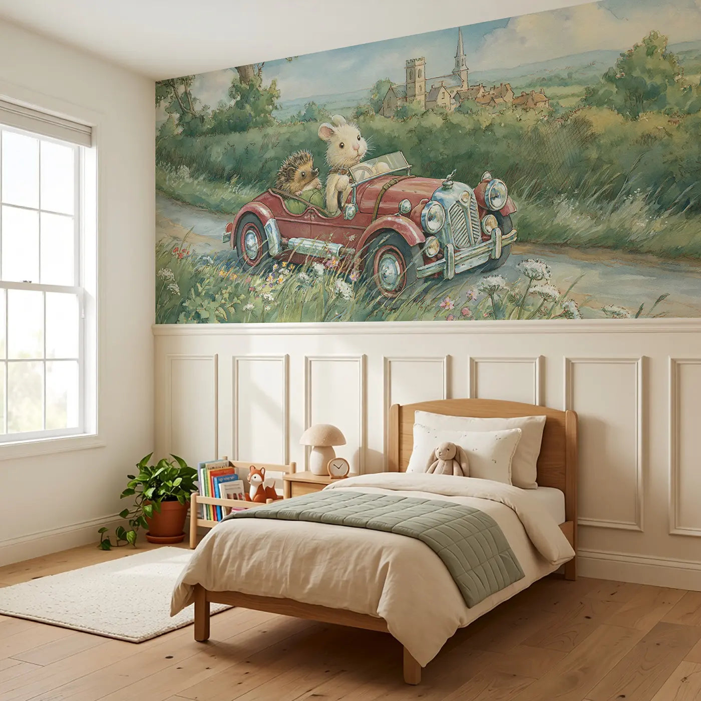 Rabbit Hot Rod Countryside Wainscoting Wallpaper styled in a kids bedroom by Whimsy Tots
