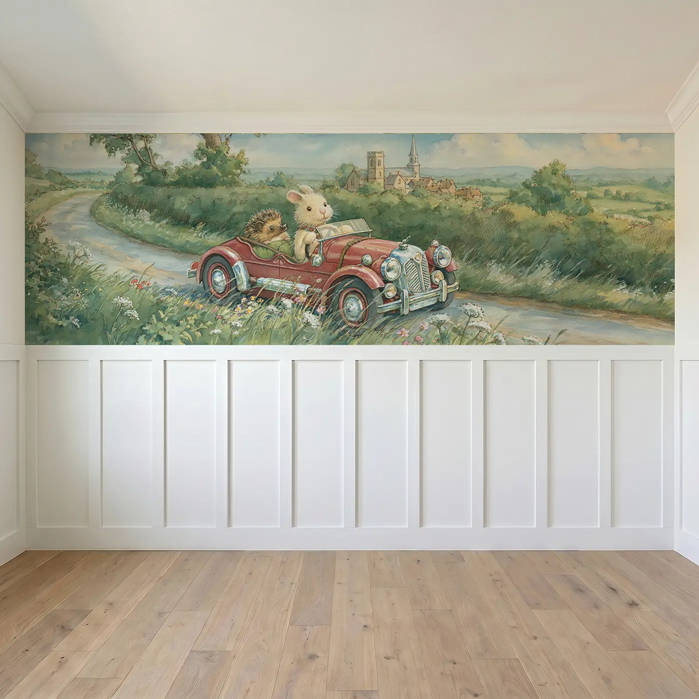 Full panel view of Rabbit Hot Rod Countryside Wainscoting Wallpaper by Whimsy Tots