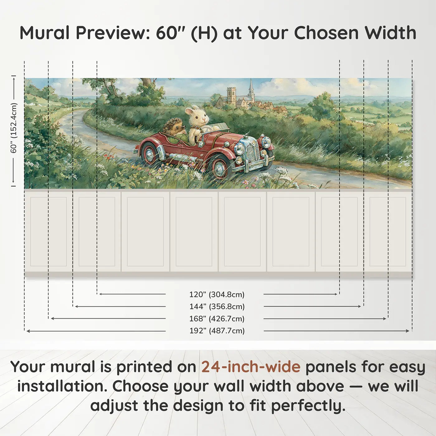 Panel dimensions for Rabbit Hot Rod Countryside Wainscoting Wallpaper by Whimsy Tots