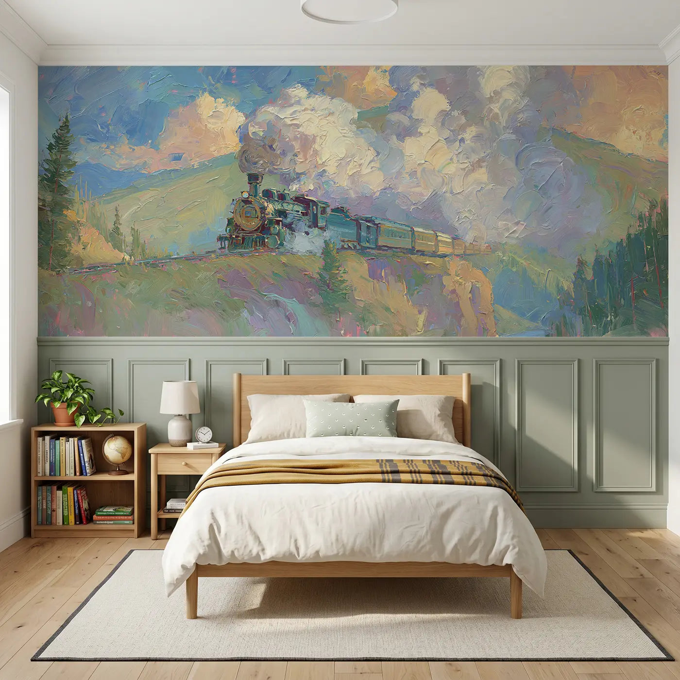 Painted Landscape steam train mountain pass wainscoting wallpaper for bedroom by Whimsy Tots