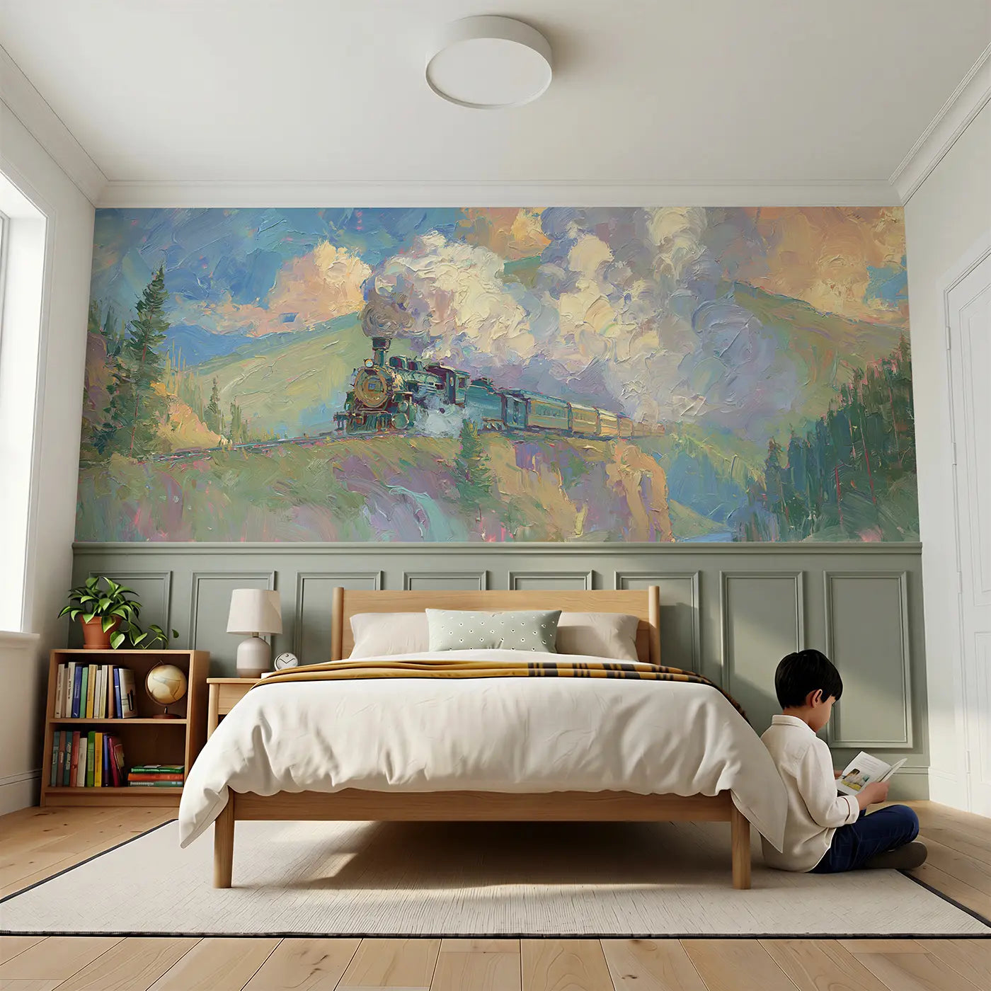 Child reading near Steam Train Mountain Pass Wainscoting Wallpaper by Whimsy Tots