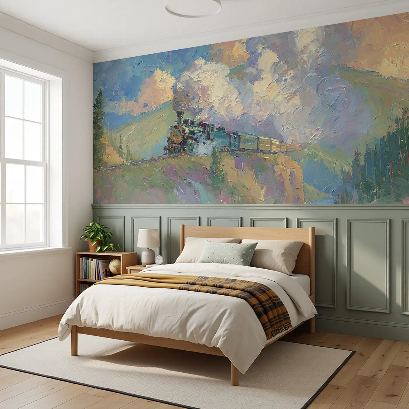 Steam Train Mountain Pass Wainscoting Wallpaper styled in a kids bedroom by Whimsy Tots