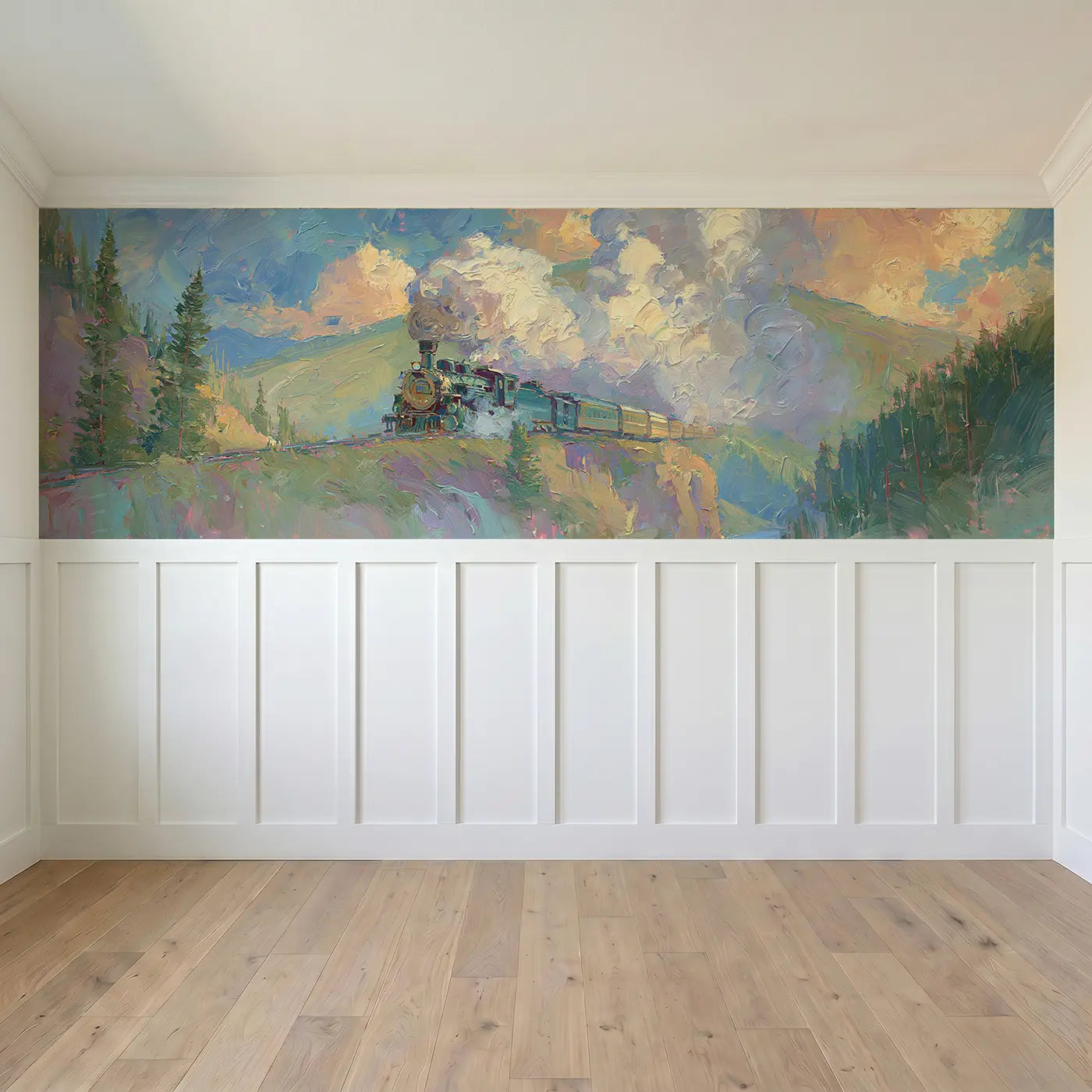Full panel view of Steam Train Mountain Pass Wainscoting Wallpaper by Whimsy Tots