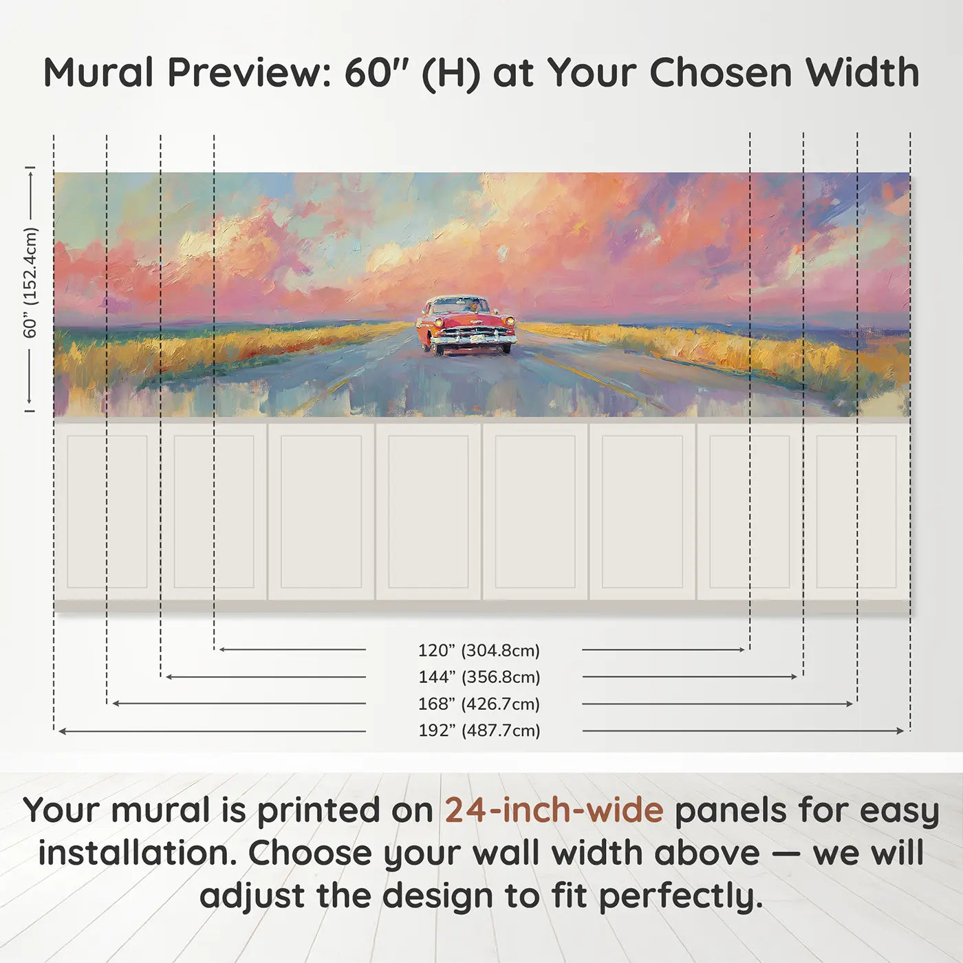 Panel dimensions for Vintage Car Road Trip Sunset Wainscoting Wallpaper by Whimsy Tots