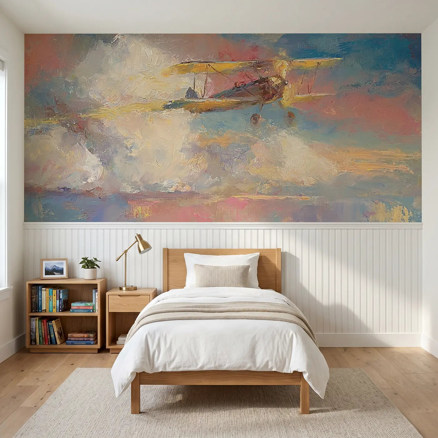 Painted Landscape biplane sunset cloud wainscoting wallpaper for bedroom by Whimsy Tots