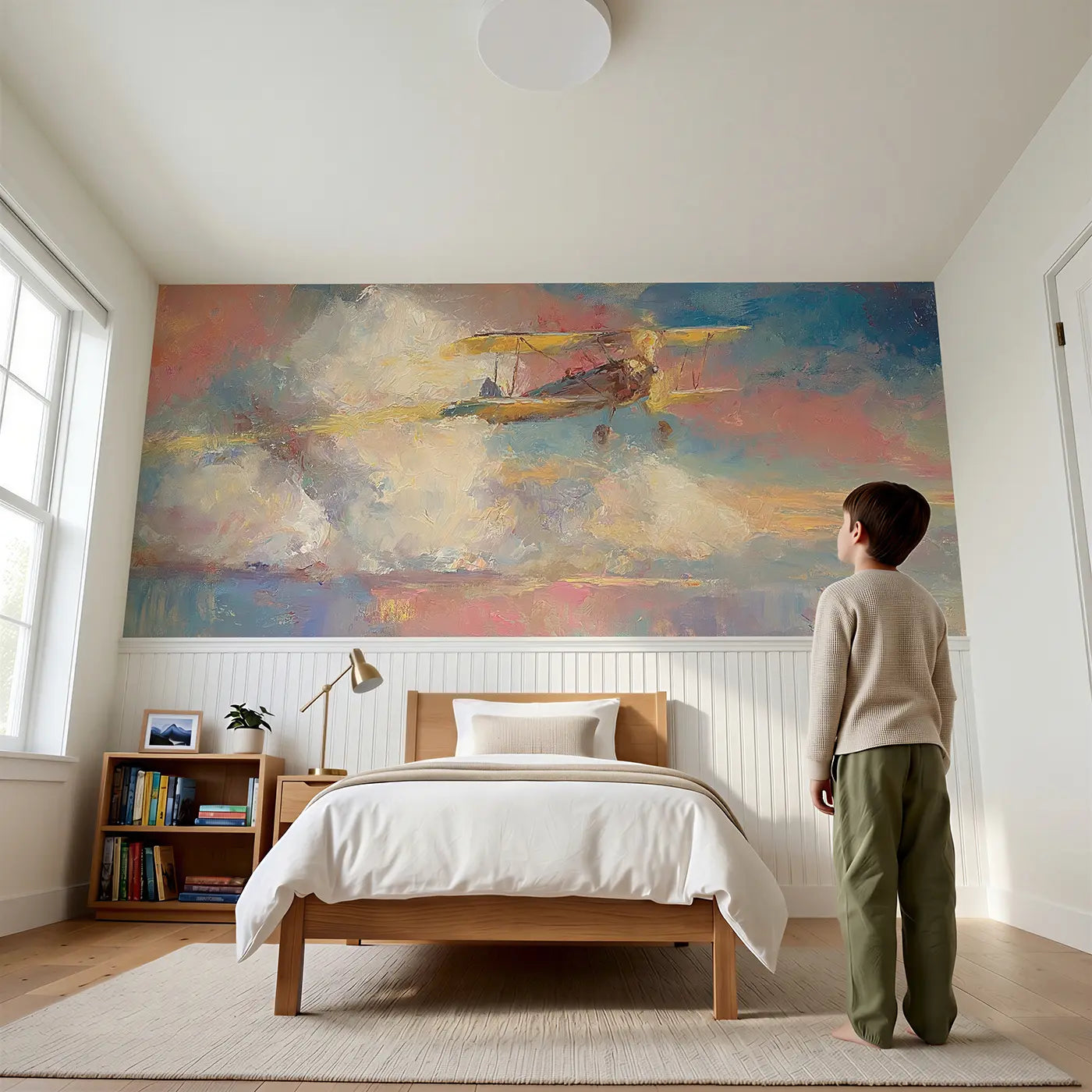 Child reading near Biplane Sunset Cloud Oil Wainscoting Wallpaper by Whimsy Tots
