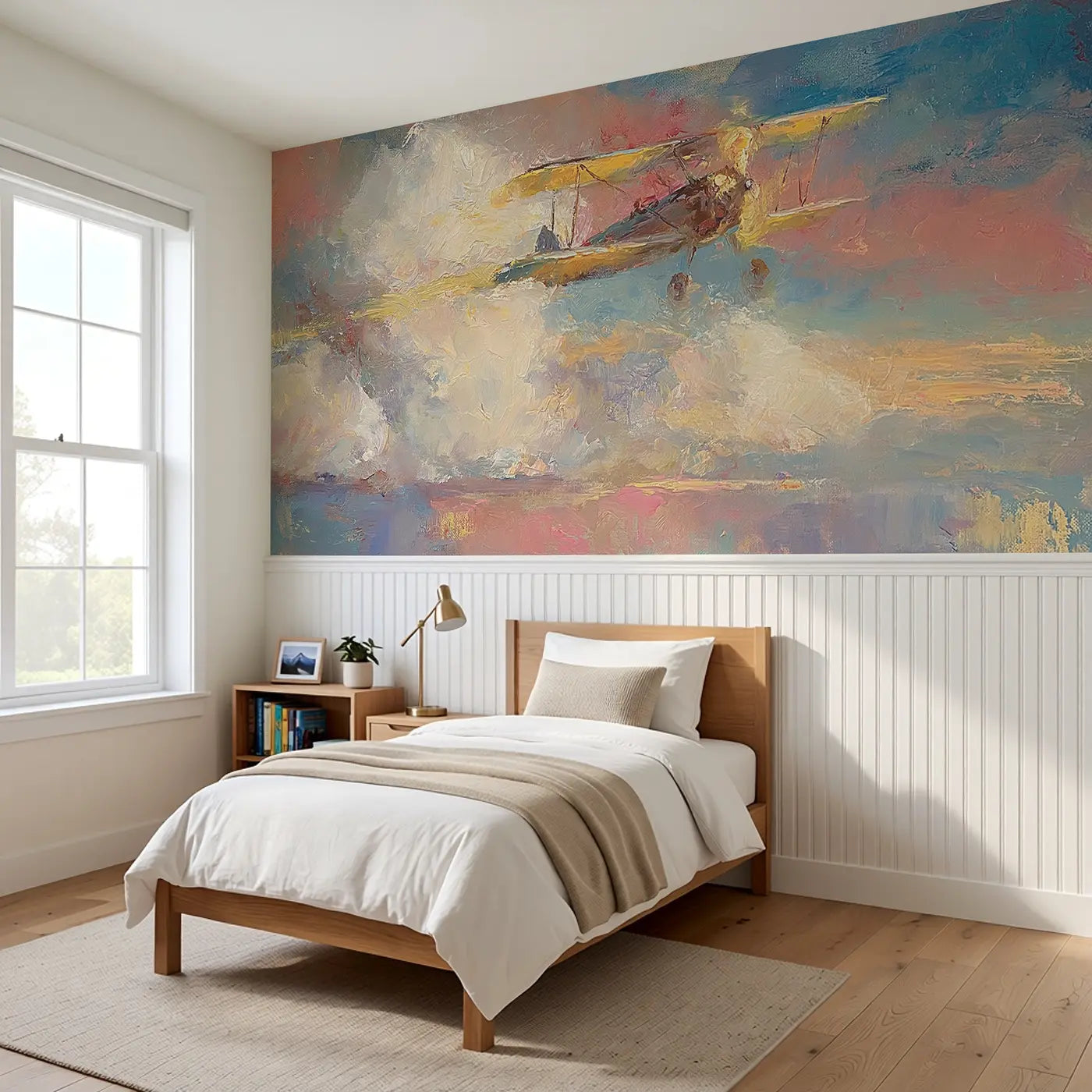 Biplane Sunset Cloud Oil Wainscoting Wallpaper styled in a kids bedroom by Whimsy Tots