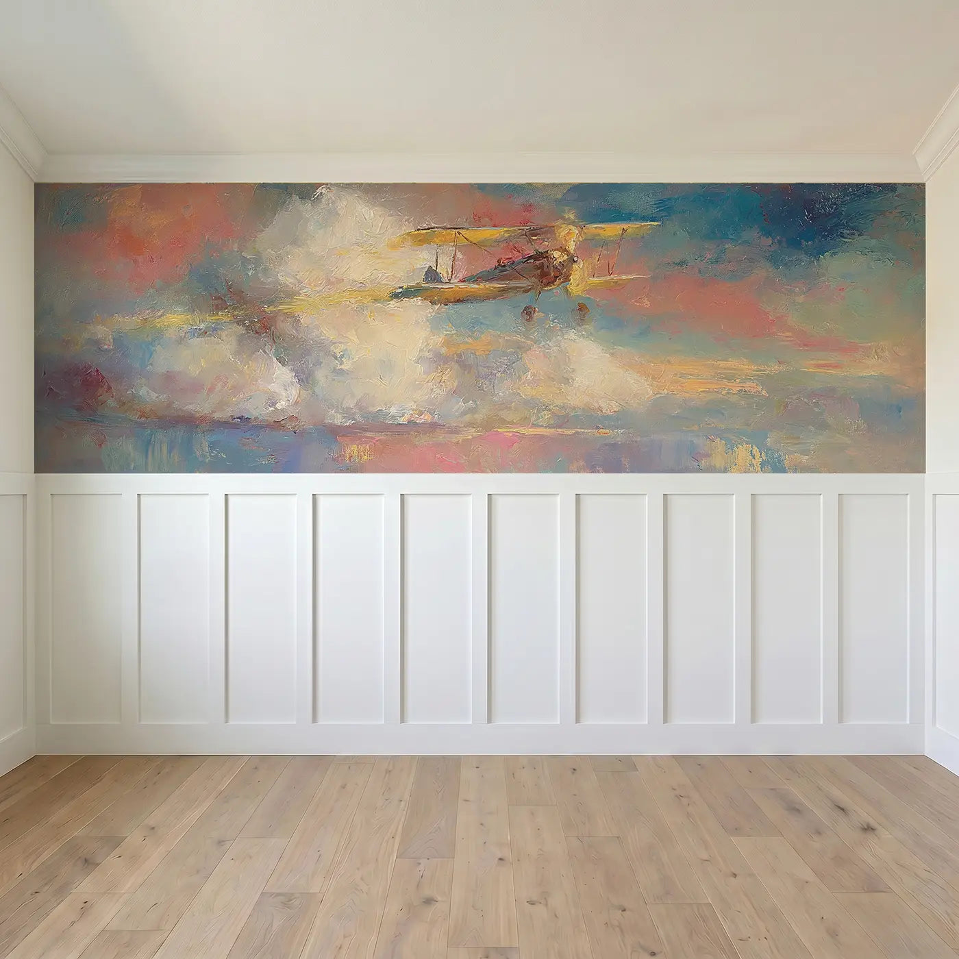 Full panel view of Biplane Sunset Cloud Oil Wainscoting Wallpaper by Whimsy Tots