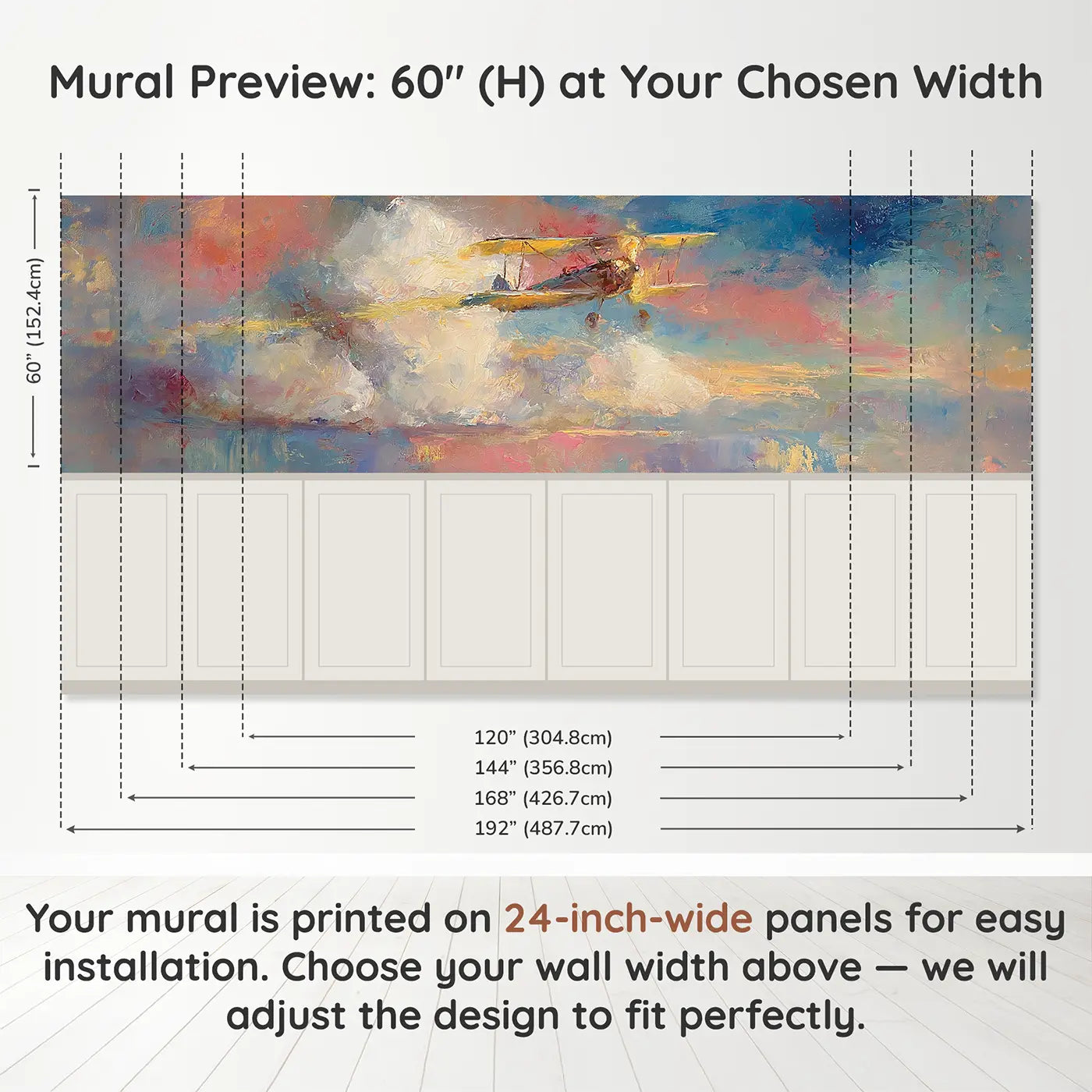 Panel dimensions for Biplane Sunset Cloud Oil Wainscoting Wallpaper by Whimsy Tots