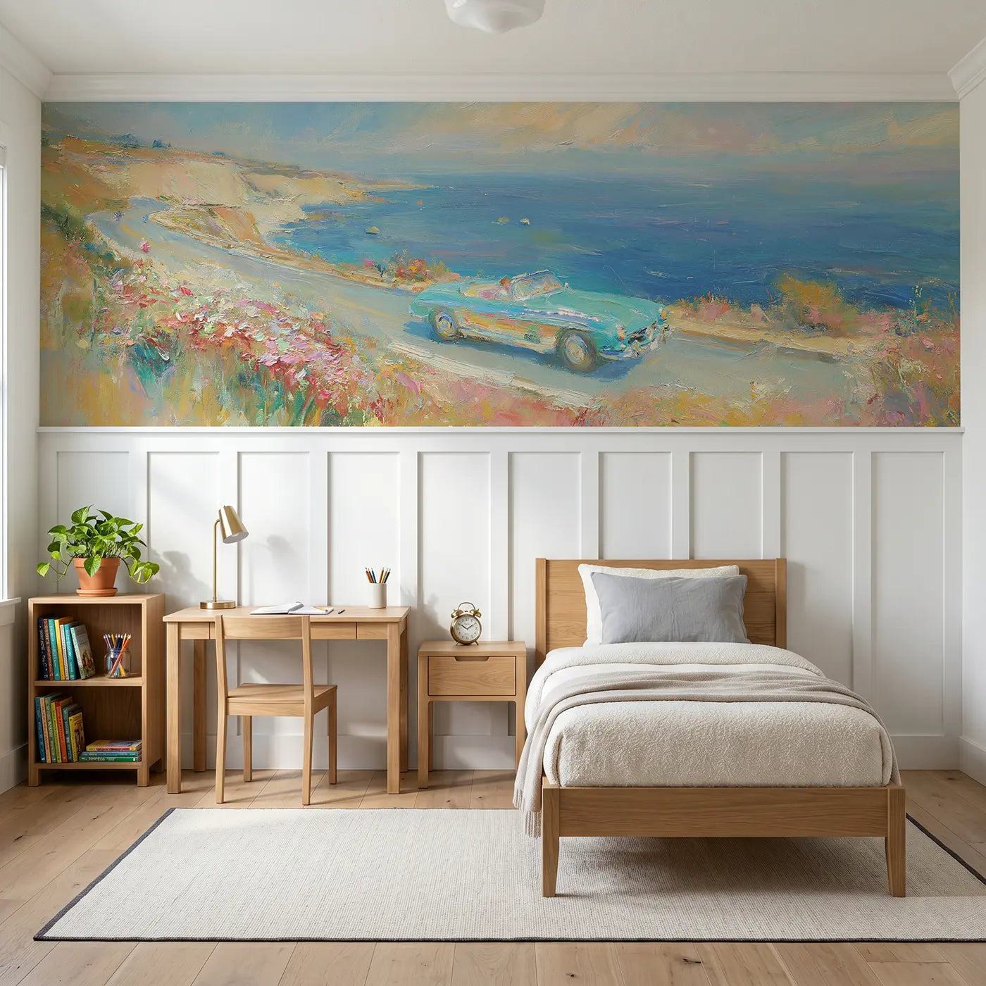 Painted Landscape classic car coastal drive wainscoting wallpaper for bedroom by Whimsy Tots
