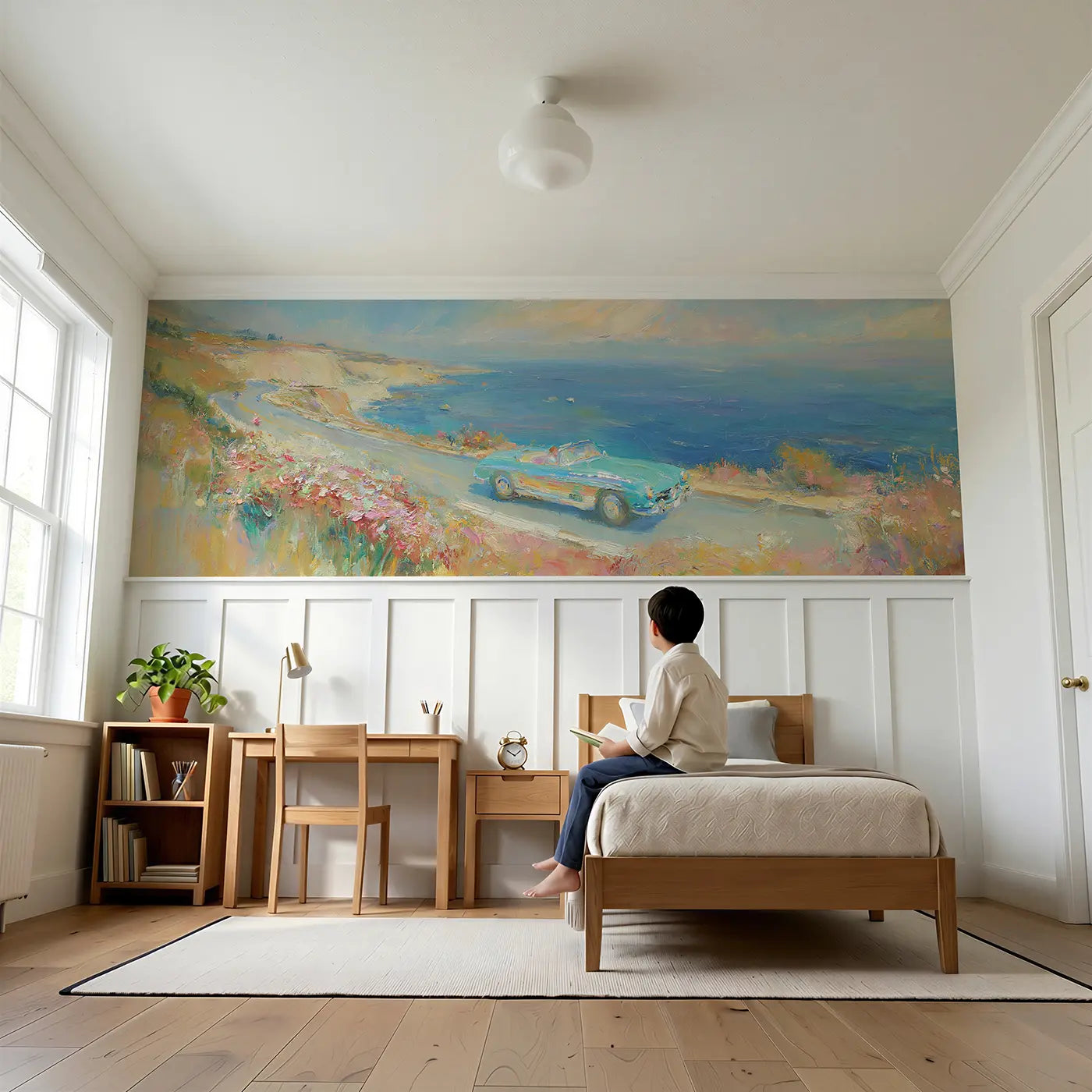 Child reading near Classic Car Coastal Drive Wainscoting Wallpaper by Whimsy Tots