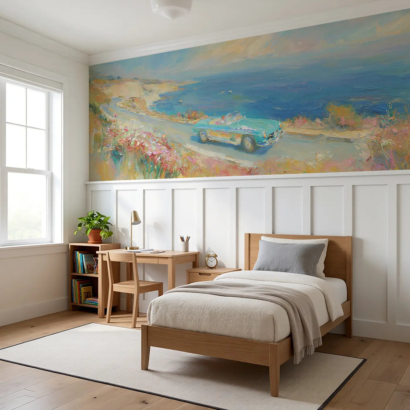 Classic Car Coastal Drive Wainscoting Wallpaper styled in a kids bedroom by Whimsy Tots