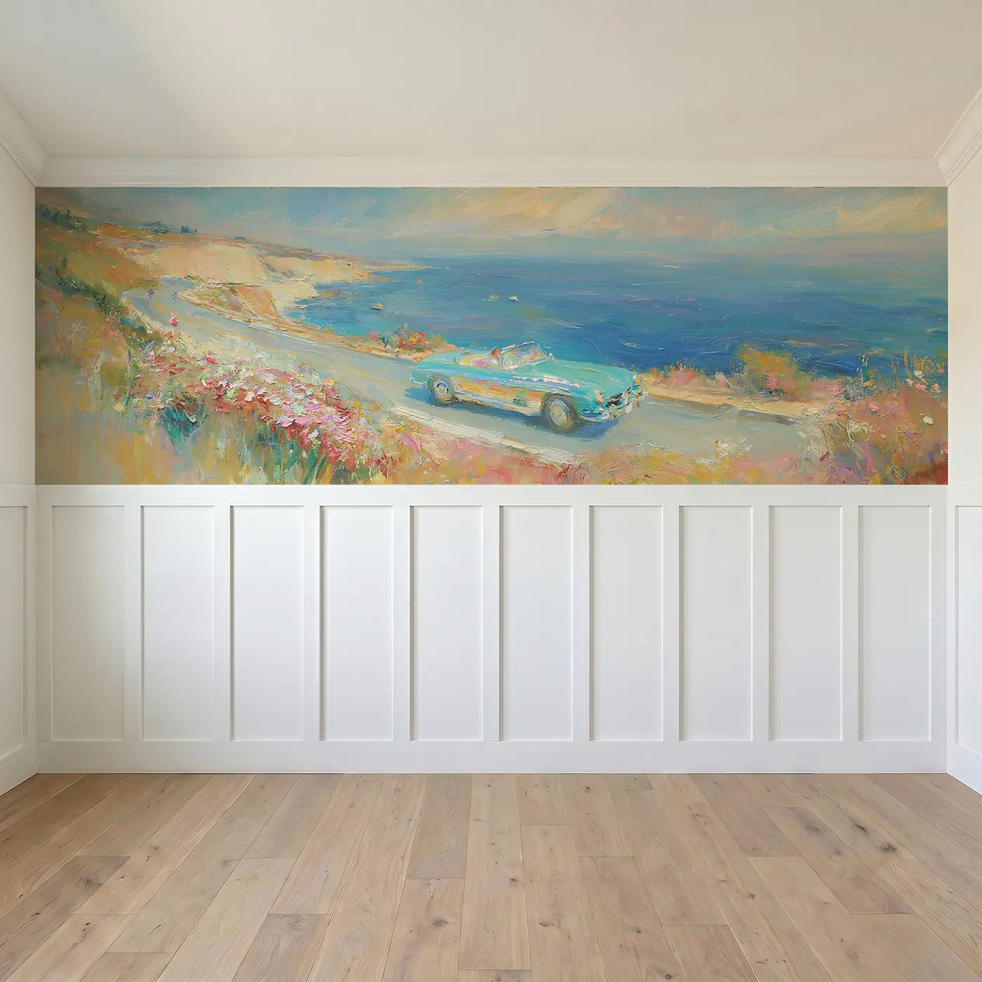 Full panel view of Classic Car Coastal Drive Wainscoting Wallpaper by Whimsy Tots