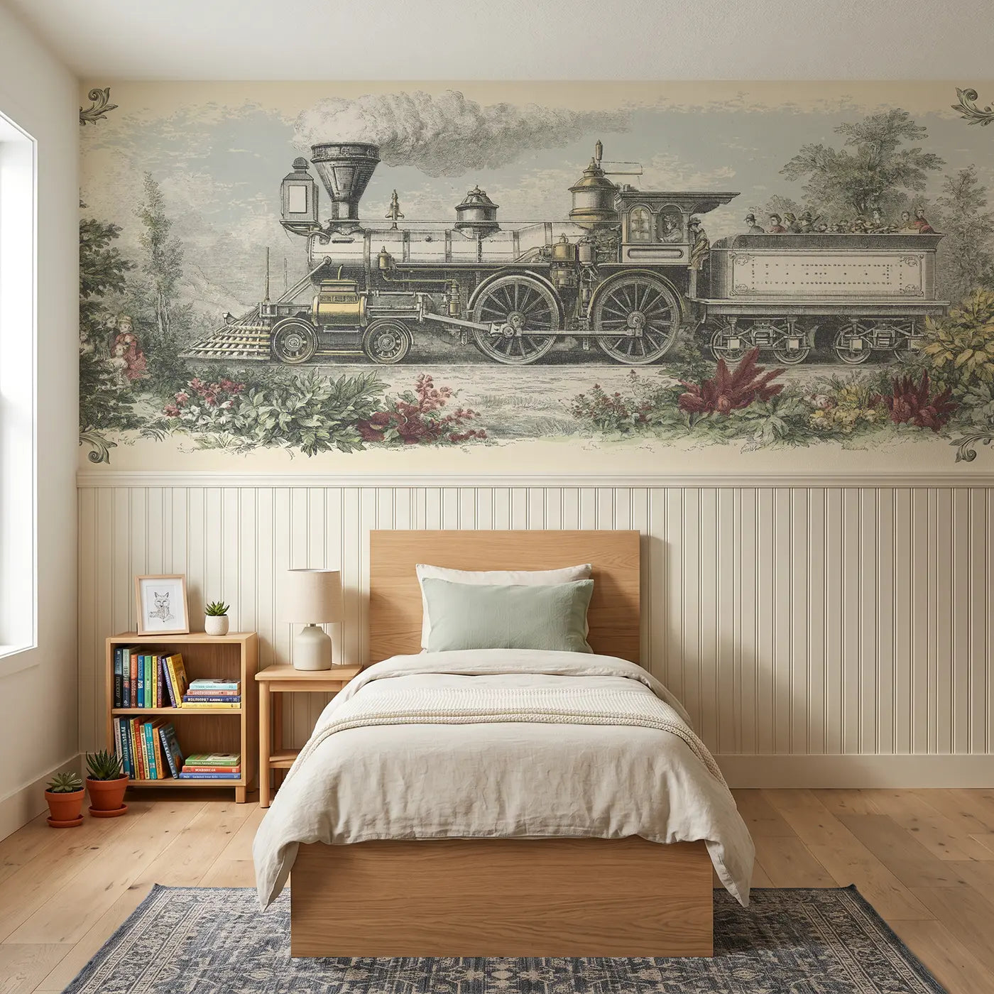 Botanical Elegance steam engine blueprint wainscoting wallpaper for bedroom by Whimsy Tots