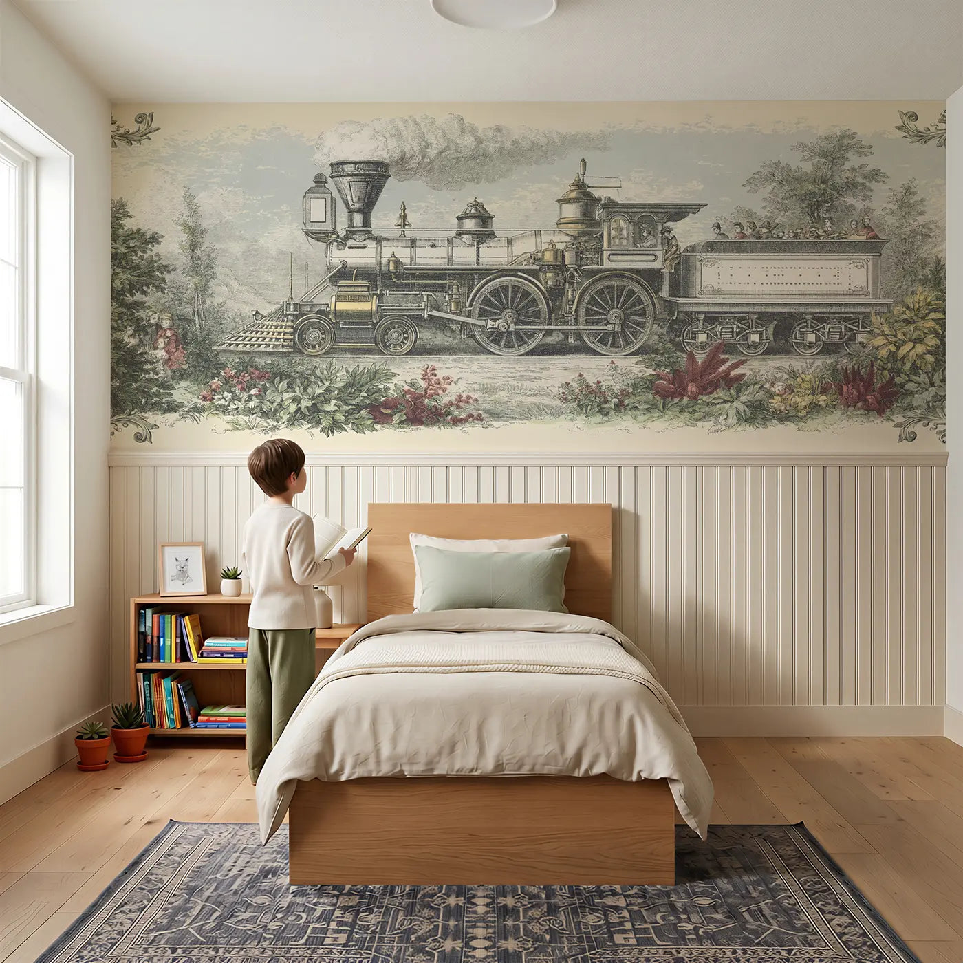 Child reading near Steam Engine Blueprint Toile Wainscoting Wallpaper by Whimsy Tots