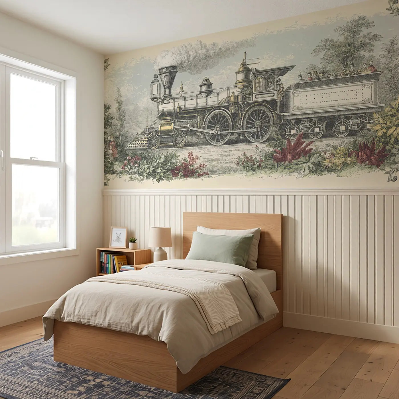 Steam Engine Blueprint Toile Wainscoting Wallpaper styled in a kids bedroom by Whimsy Tots