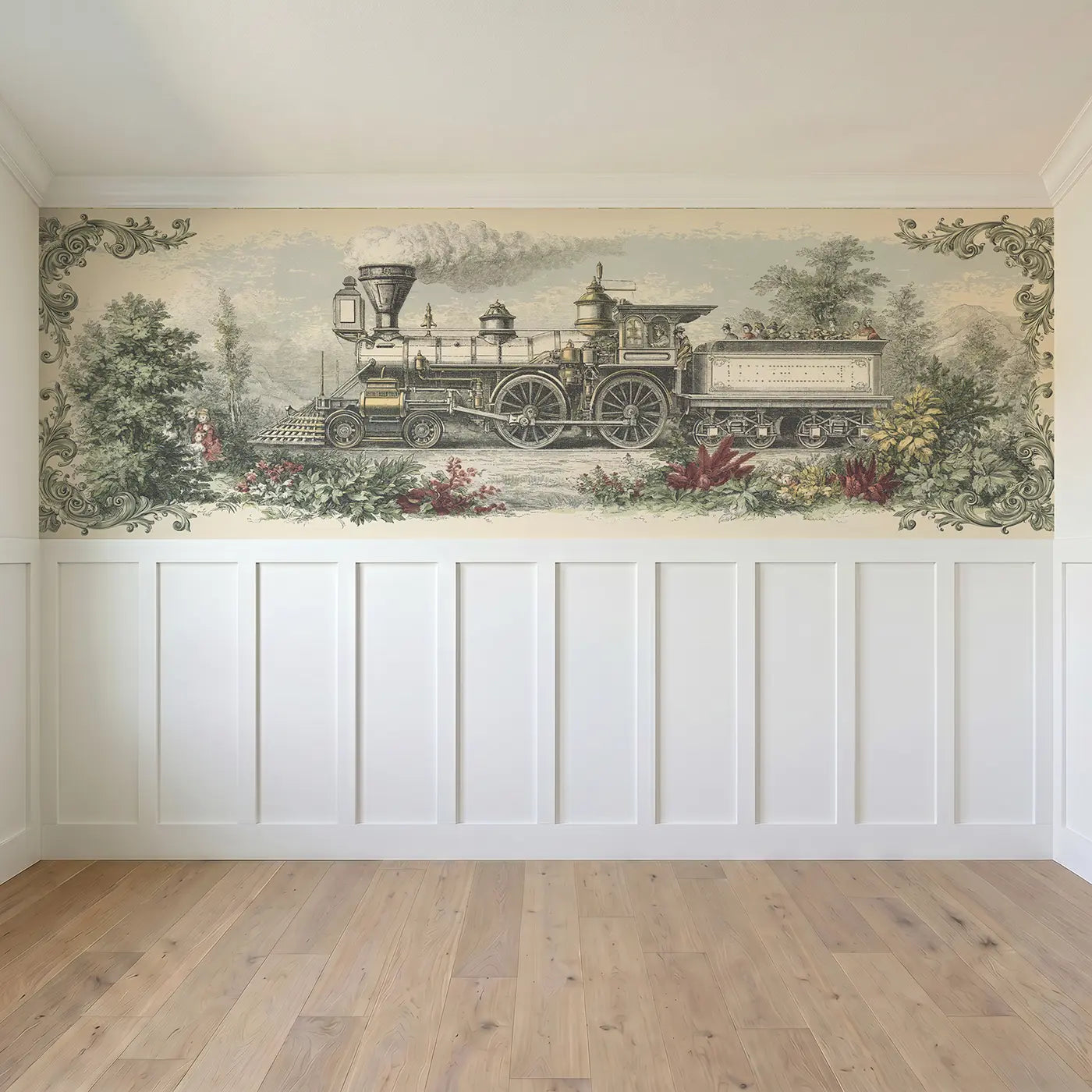 Full panel view of Steam Engine Blueprint Toile Wainscoting Wallpaper by Whimsy Tots