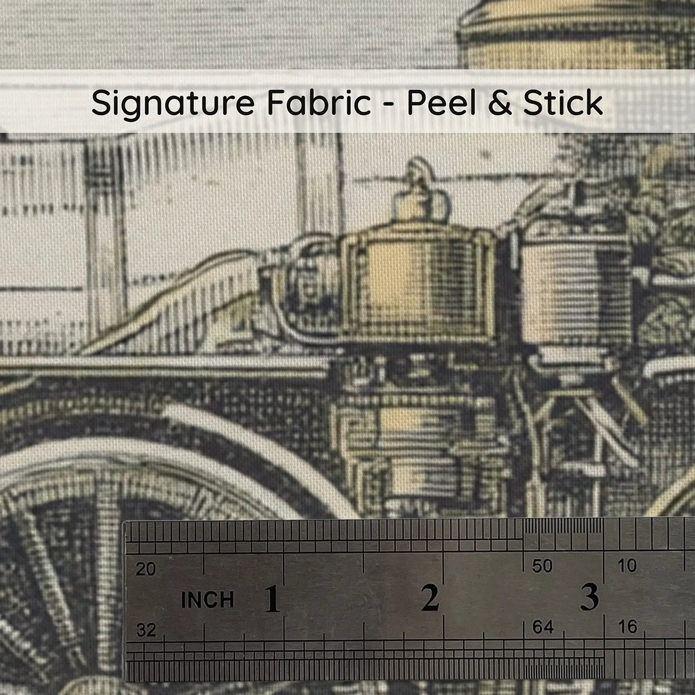 Fabric texture close-up of Steam Engine Blueprint Toile Wainscoting Wallpaper by Whimsy Tots