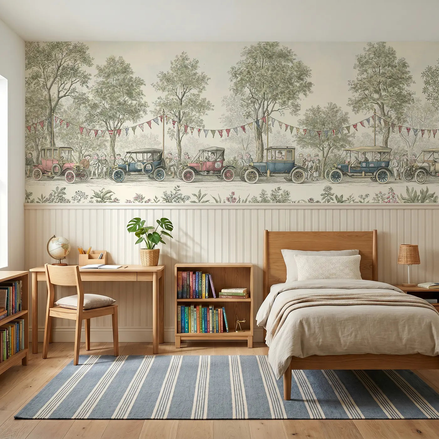 Botanical Elegance vintage car rally wainscoting wallpaper for bedroom by Whimsy Tots