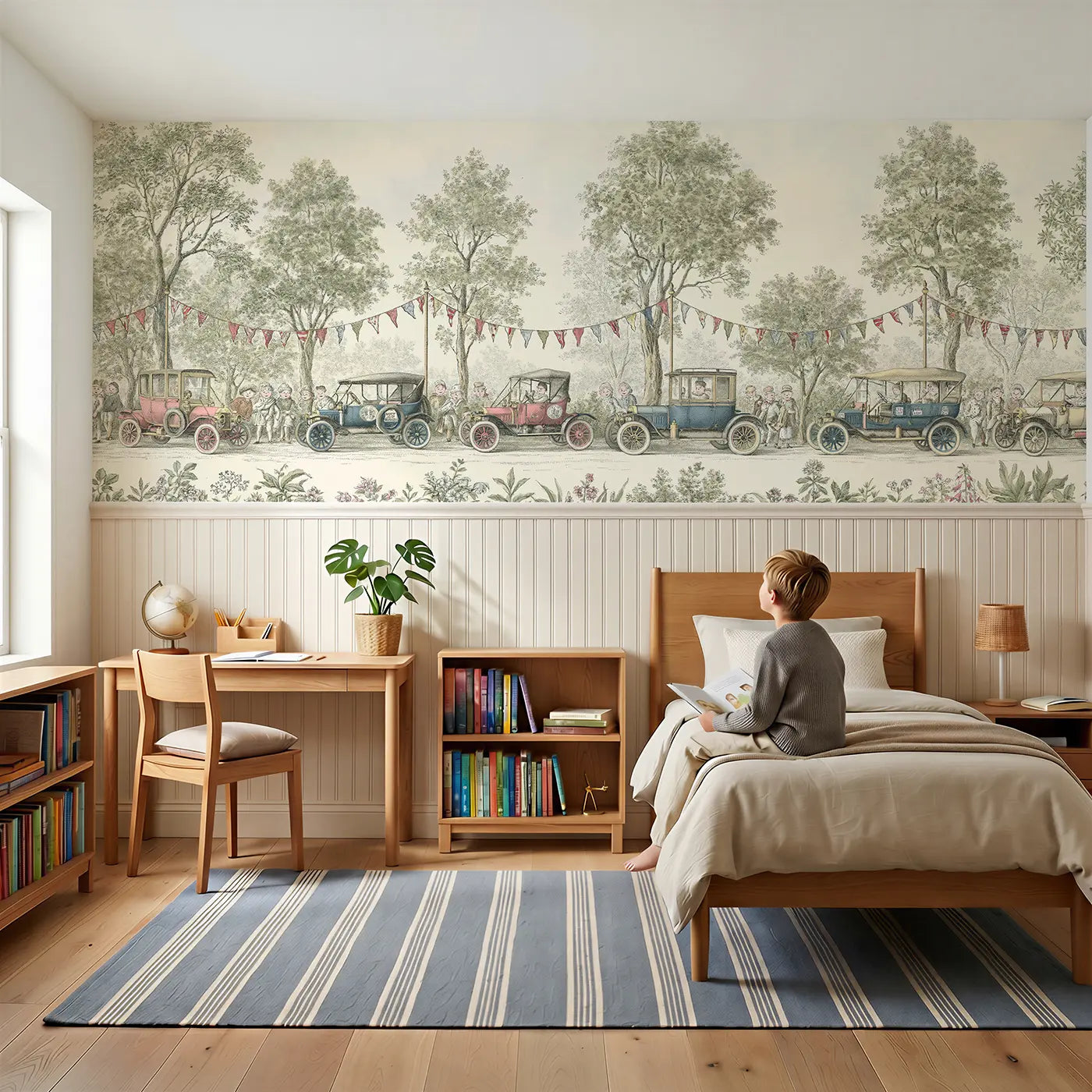 Child reading near Vintage Car Rally Toile Wainscoting Wallpaper by Whimsy Tots