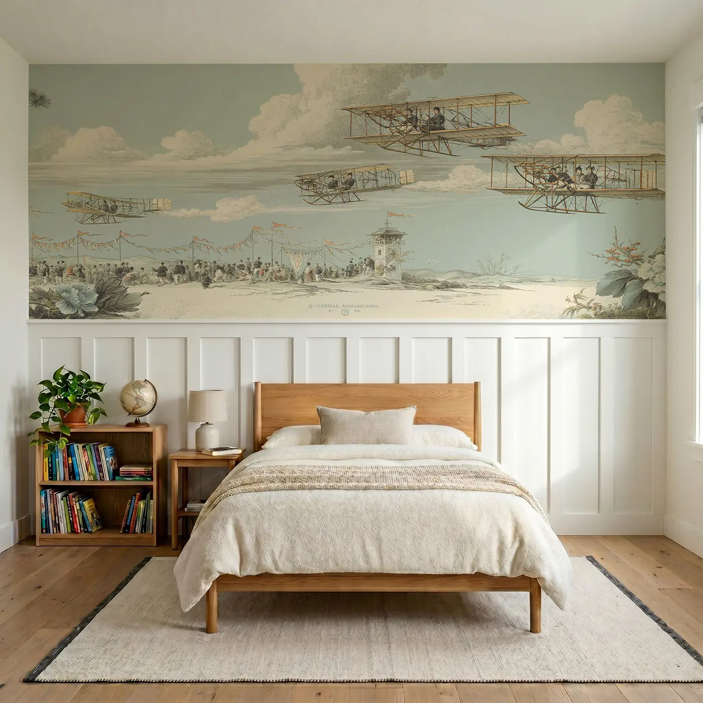 Botanical Elegance biplane air show wainscoting wallpaper for bedroom by Whimsy Tots