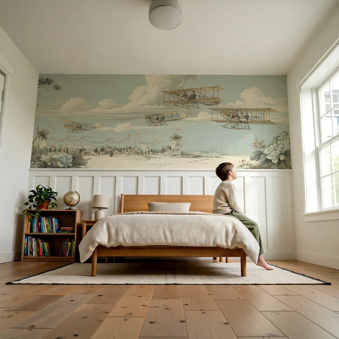 Child reading near Biplane Air Show Toile Wainscoting Wallpaper by Whimsy Tots