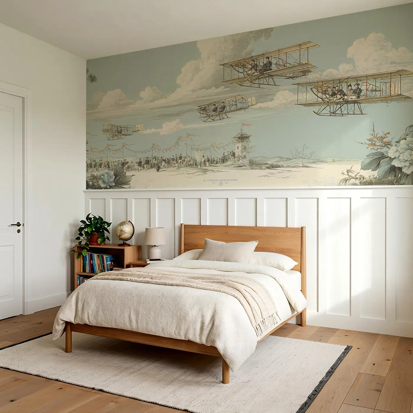 Biplane Air Show Toile Wainscoting Wallpaper styled in a kids bedroom by Whimsy Tots