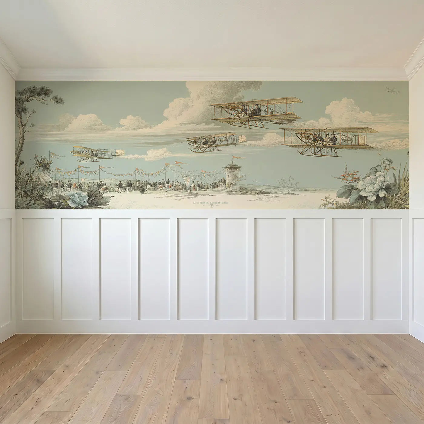 Full panel view of Biplane Air Show Toile Wainscoting Wallpaper by Whimsy Tots