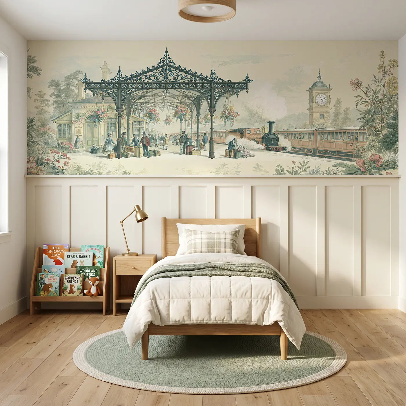 Botanical Elegance railway station platform wainscoting wallpaper for bedroom by Whimsy Tots