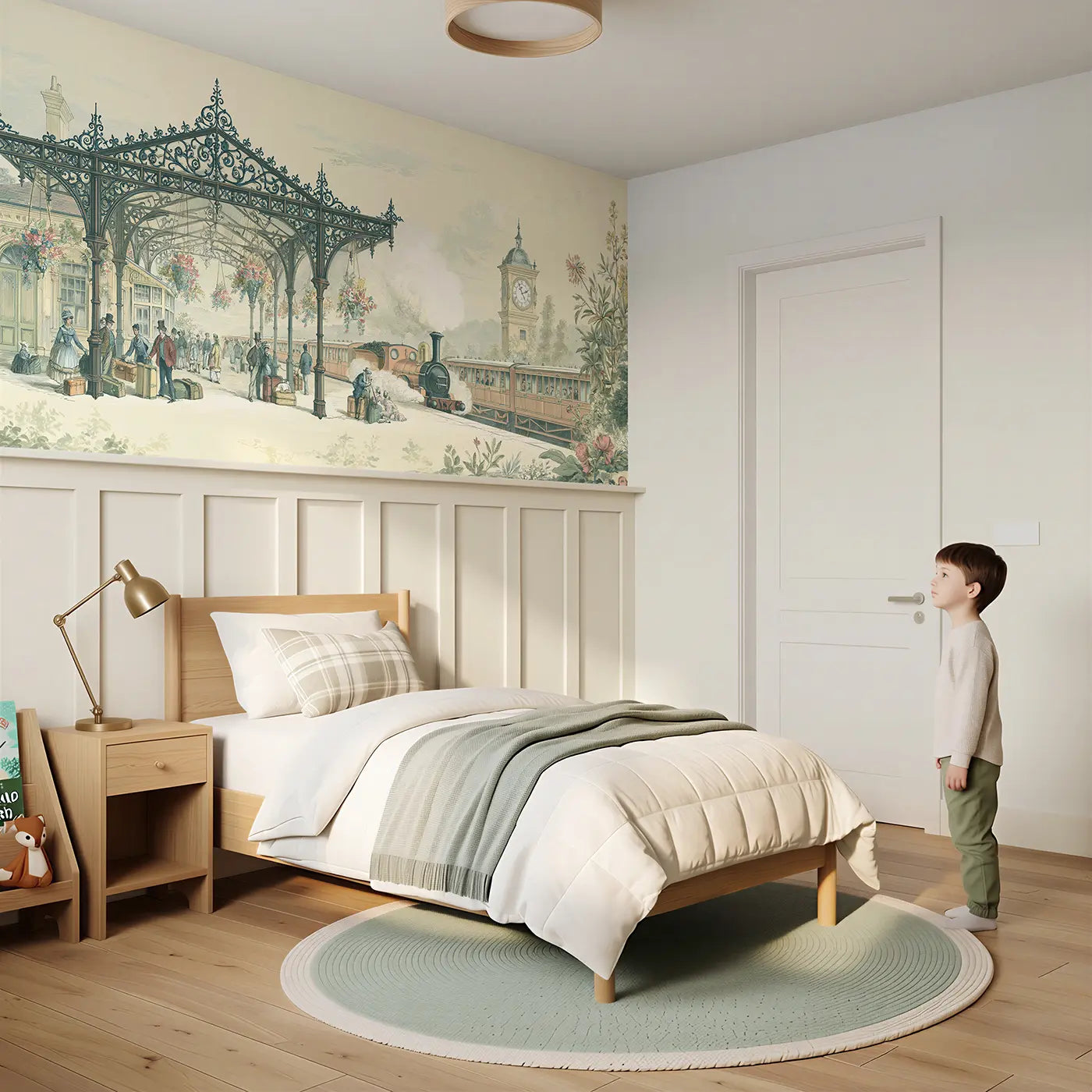 Child reading near Railway Station Platform Toile Wainscoting Wallpaper by Whimsy Tots
