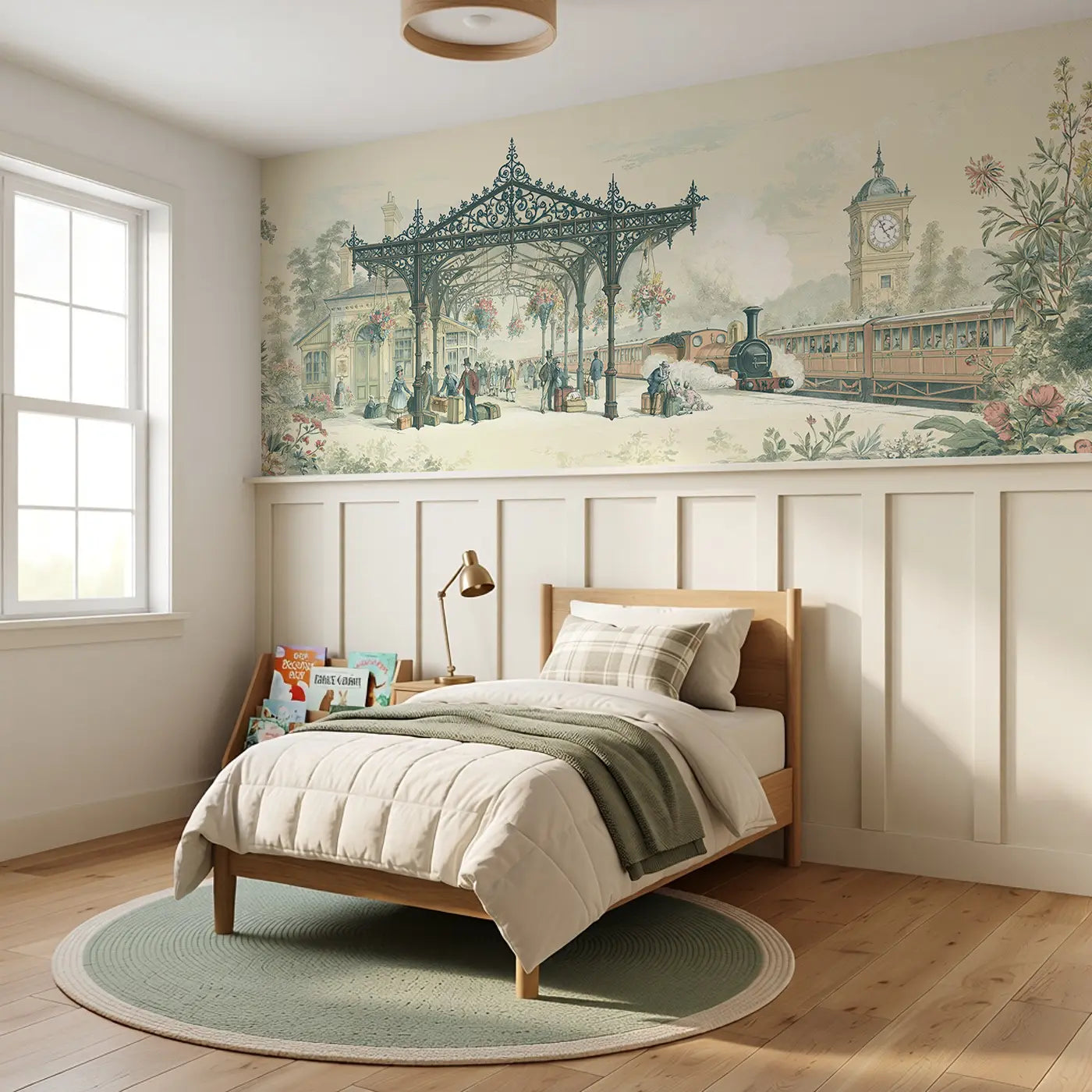 Railway Station Platform Toile Wainscoting Wallpaper styled in a kids bedroom by Whimsy Tots