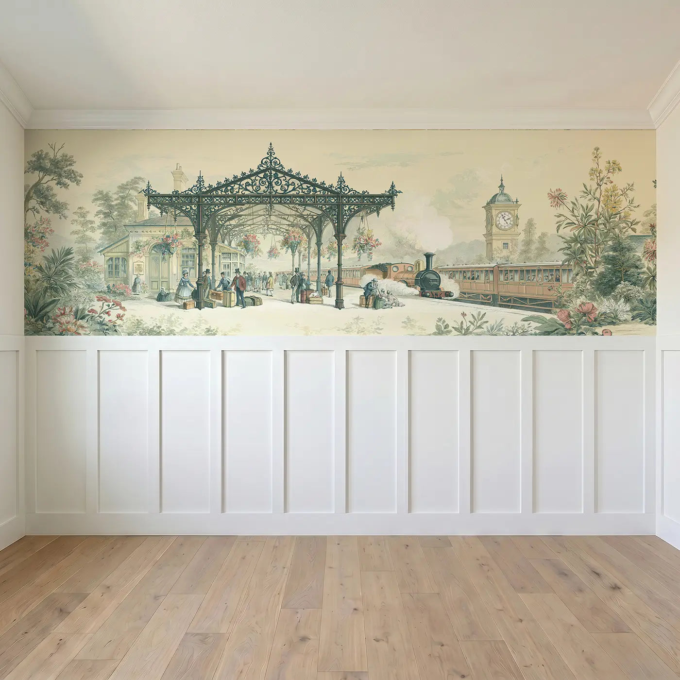 Full panel view of Railway Station Platform Toile Wainscoting Wallpaper by Whimsy Tots