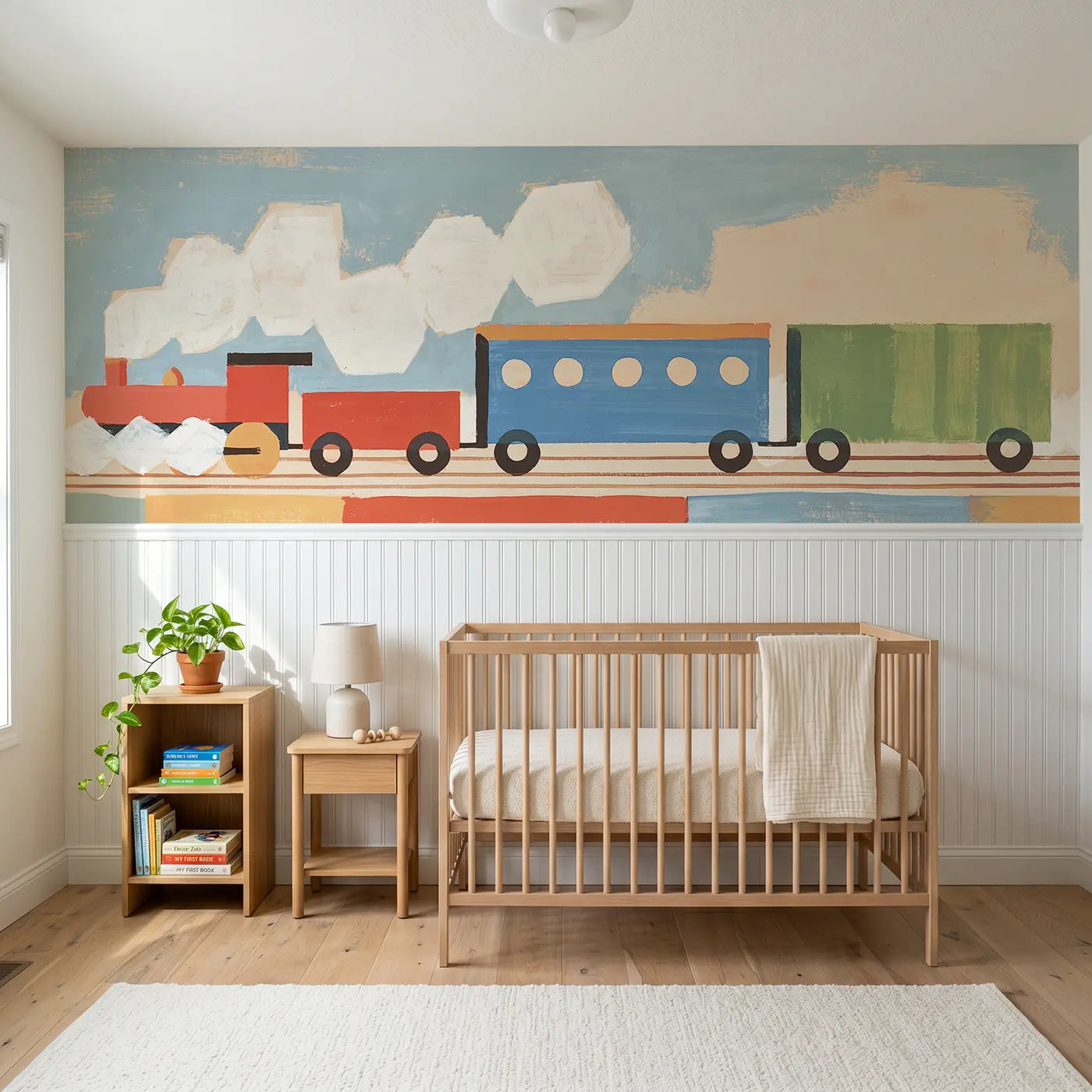 Modern Illustration graphic train choo choo wainscoting wallpaper for nursery by Whimsy Tots