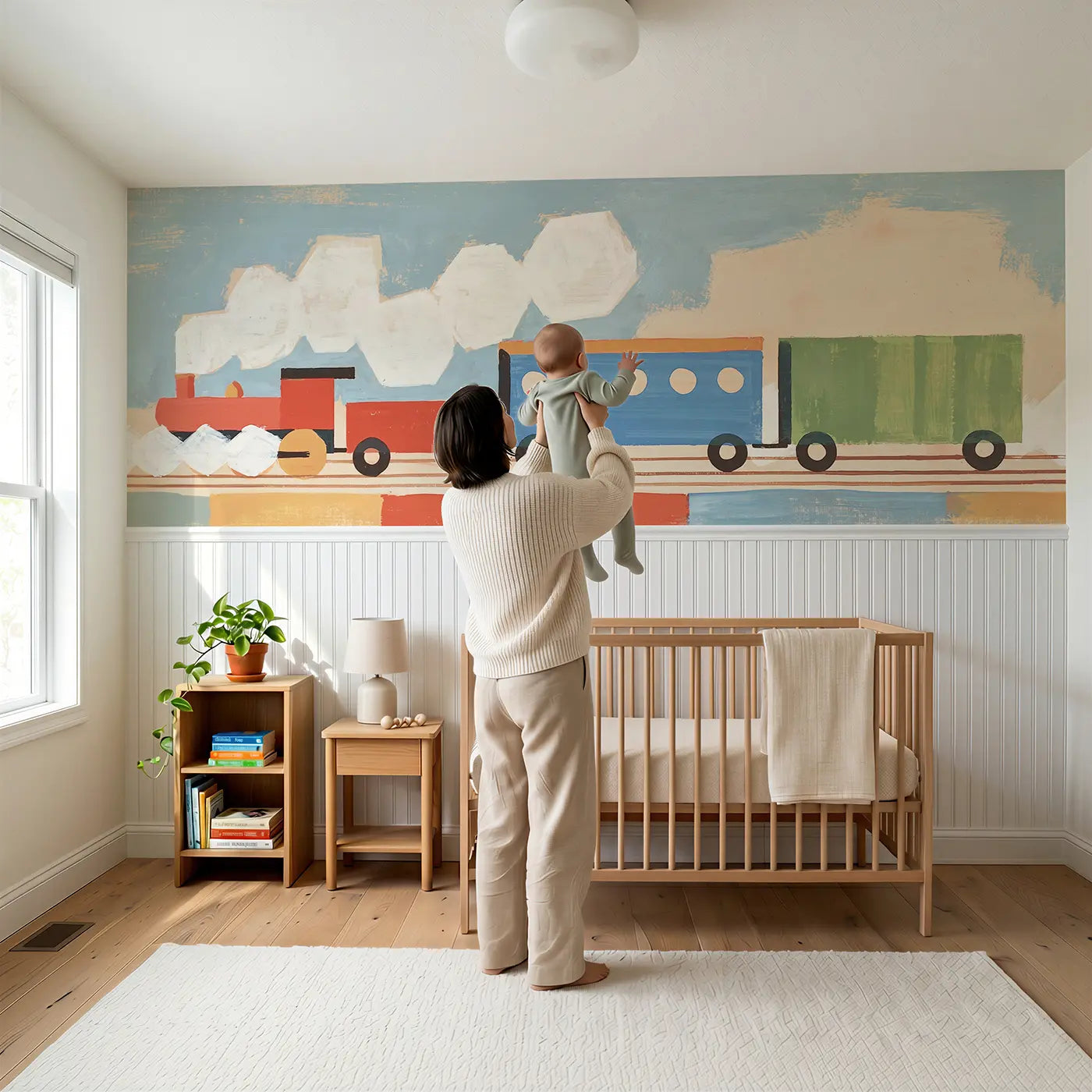Child reading near Graphic Train Choo Choo Wainscoting Wallpaper by Whimsy Tots