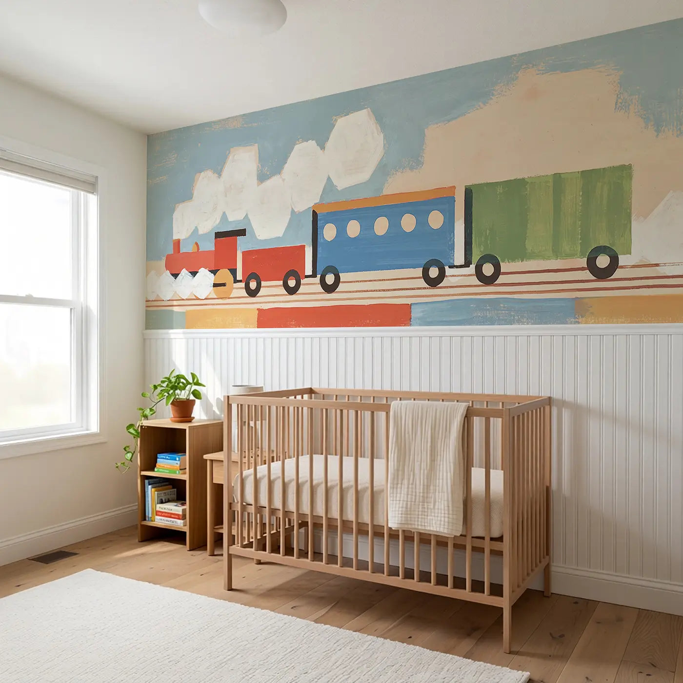Graphic Train Choo Choo Wainscoting Wallpaper styled in a kids bedroom by Whimsy Tots