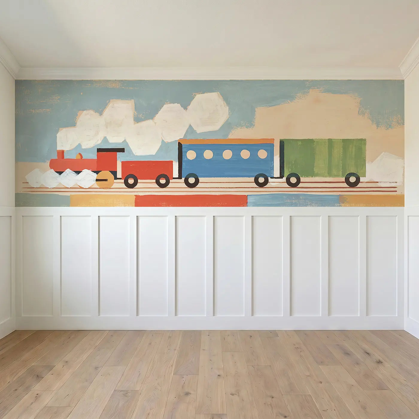 Full panel view of Graphic Train Choo Choo Wainscoting Wallpaper by Whimsy Tots