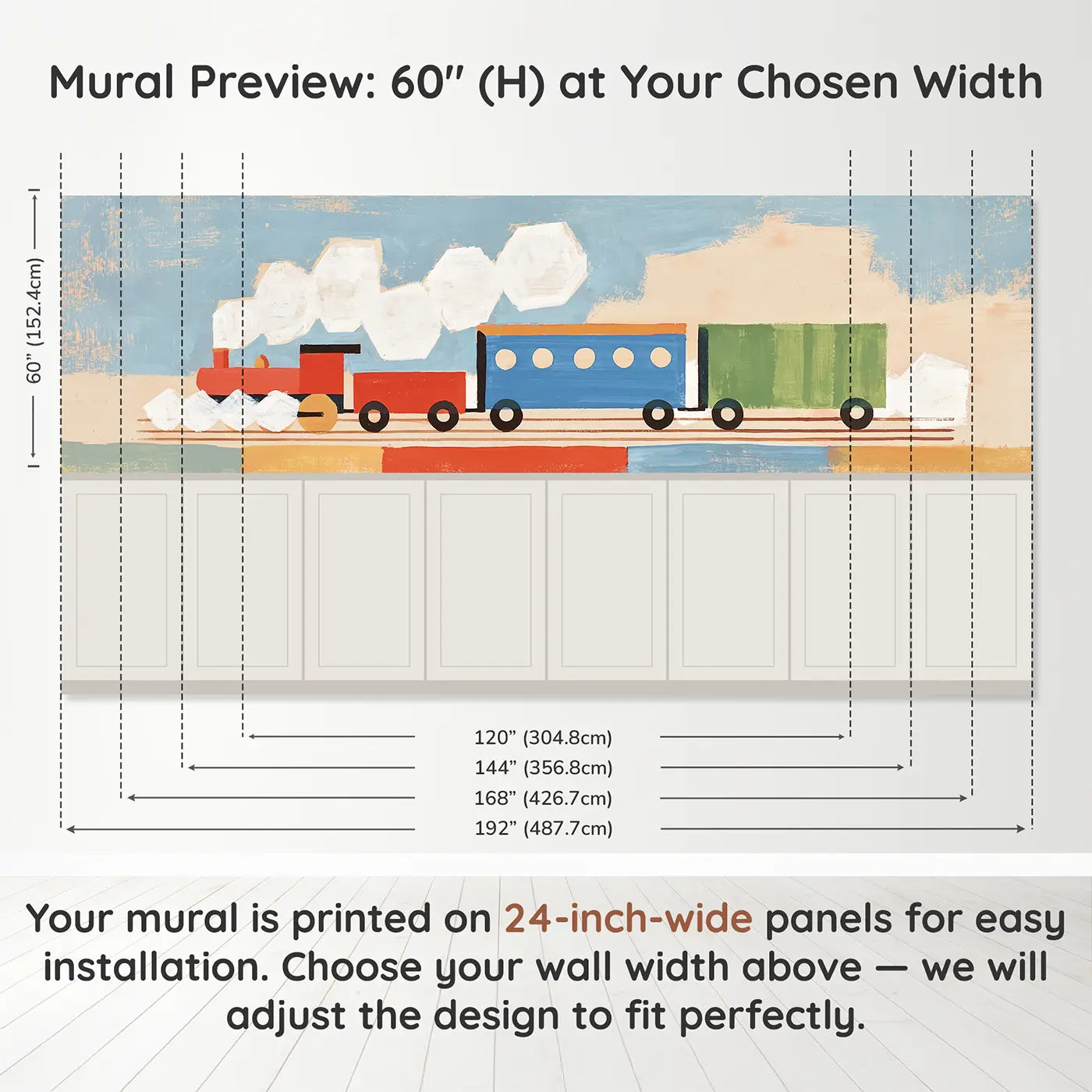 Panel dimensions for Graphic Train Choo Choo Wainscoting Wallpaper by Whimsy Tots